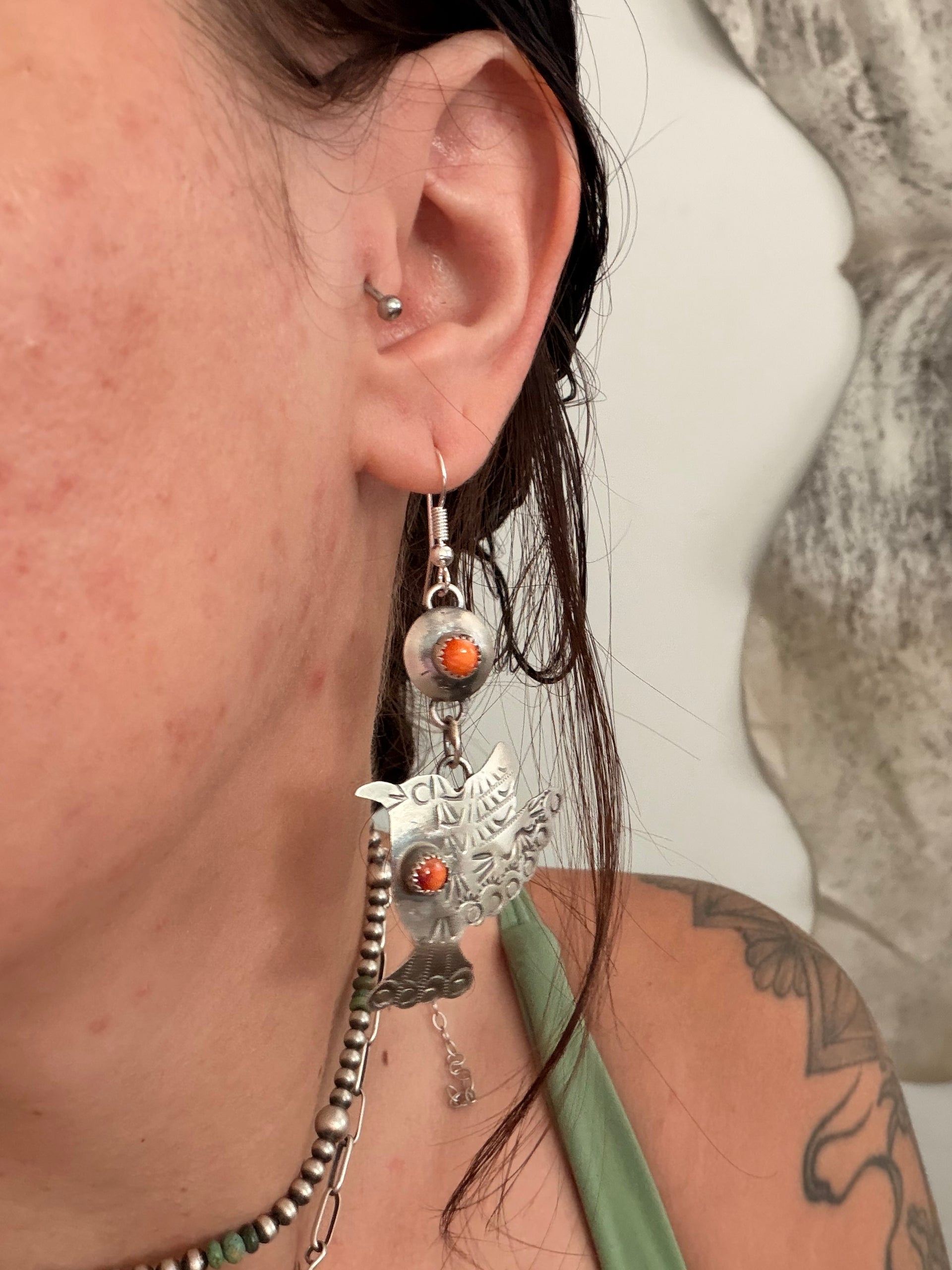 Gabriella Yazzie Spiny Oyster & Sterling Silver Hummingbird Dangle Earrings
