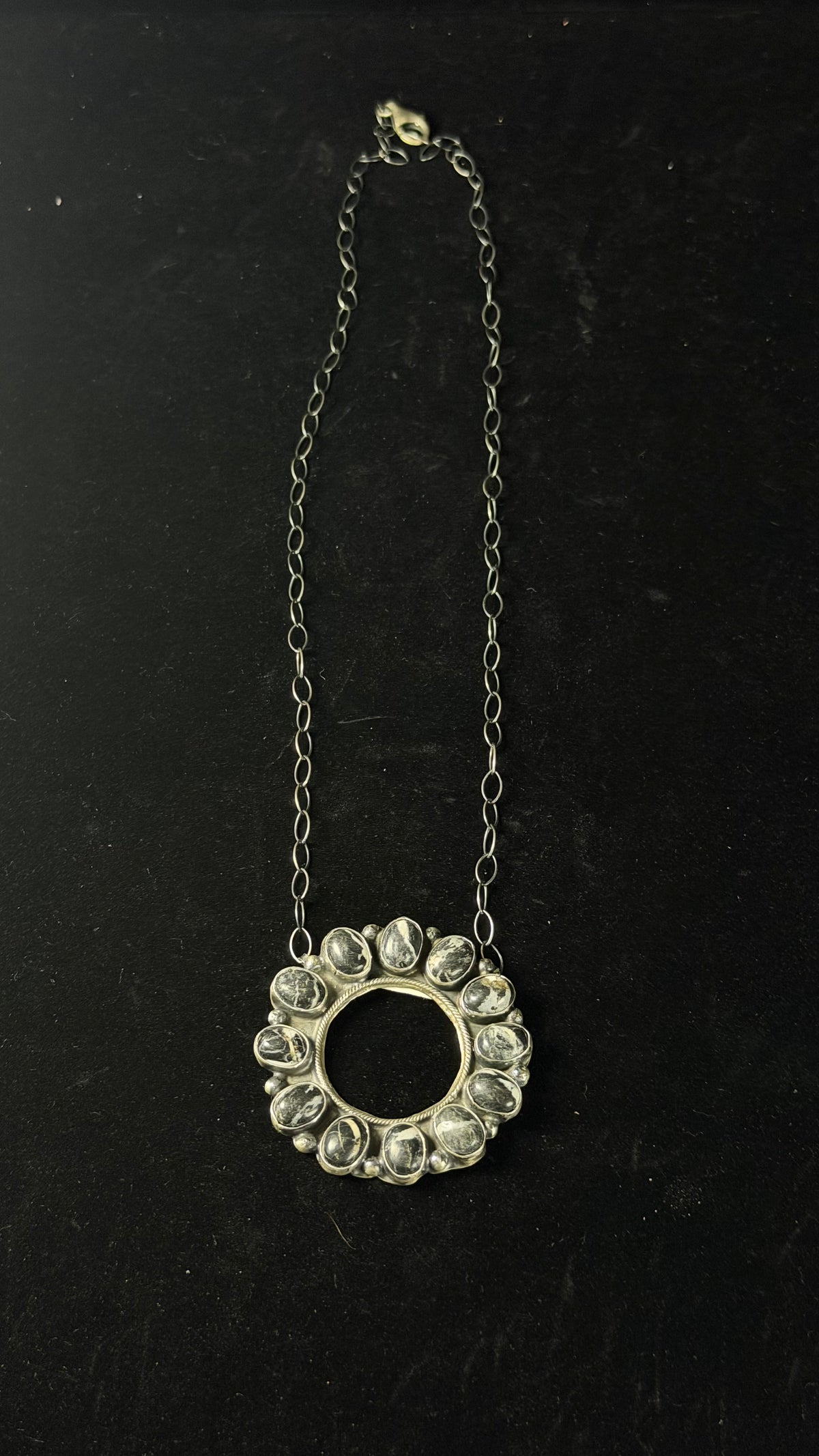 Navajo Made White Buffalo & Sterling Silver Cluster Necklace