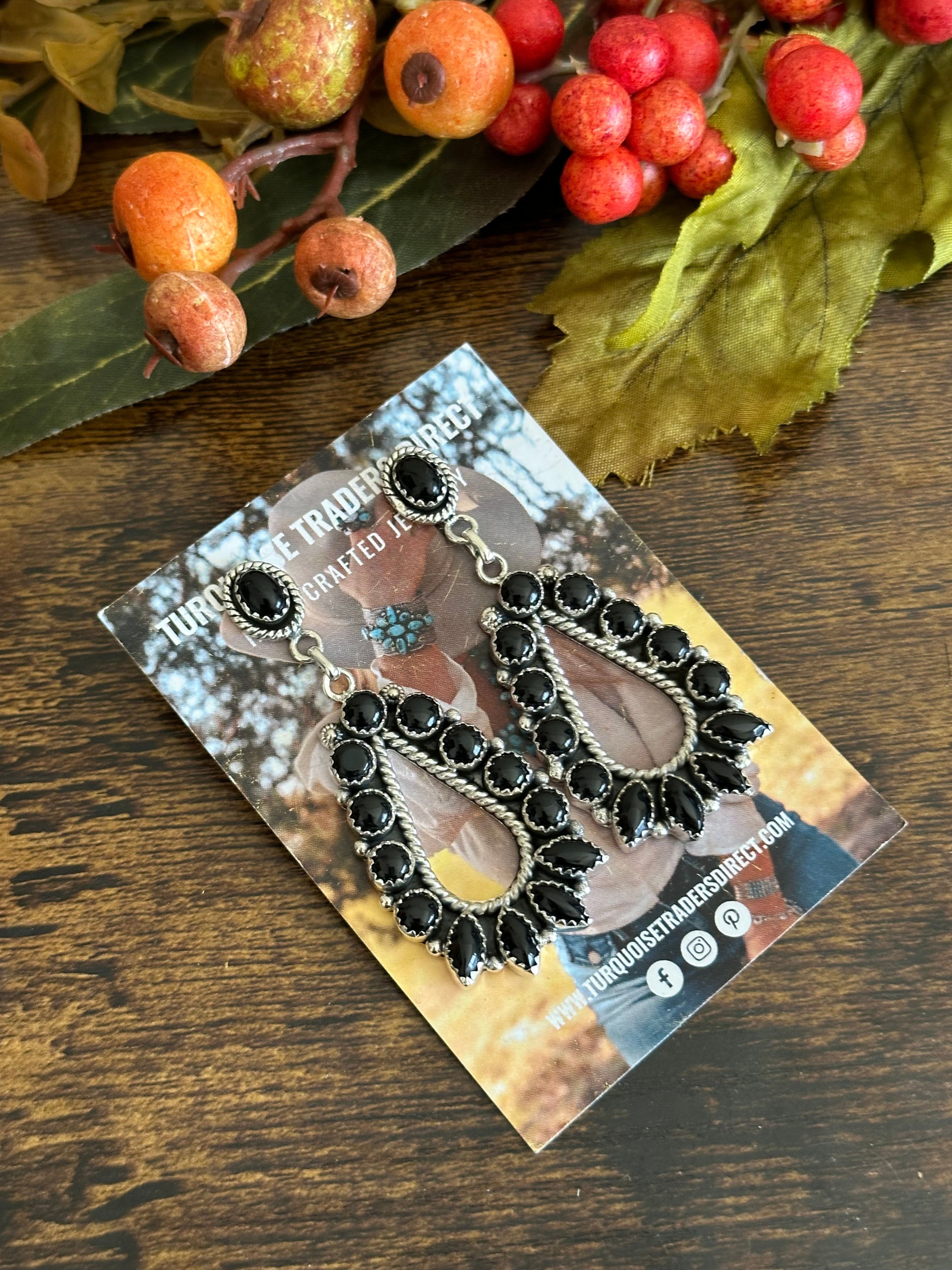 Southwest Handmade Onyx & Sterling Silver Post Dangle Cluster Earrings