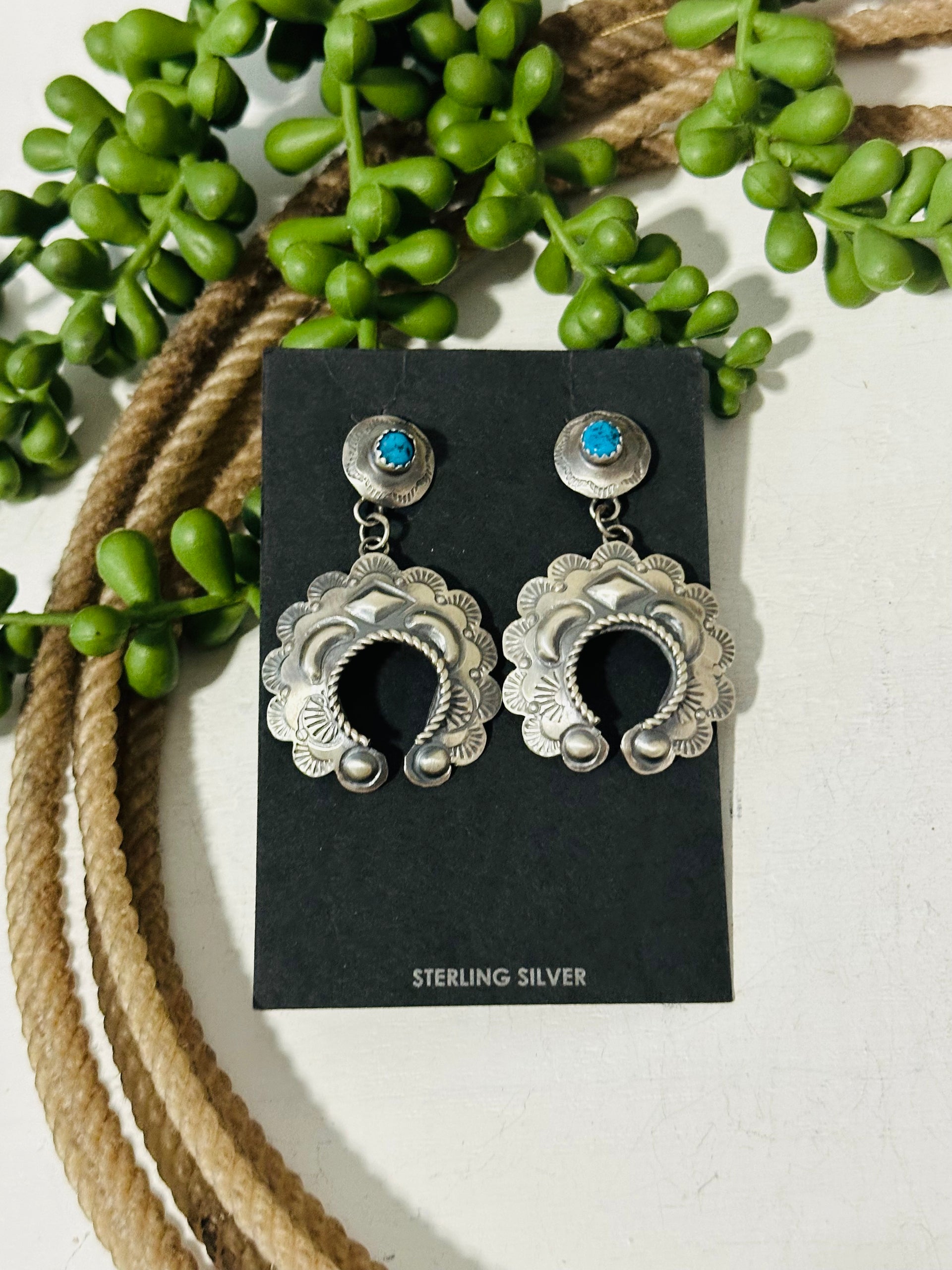 Tim Yazzie Kingman Turquoise & Sterling Silver Post Dangle Concho Earrings