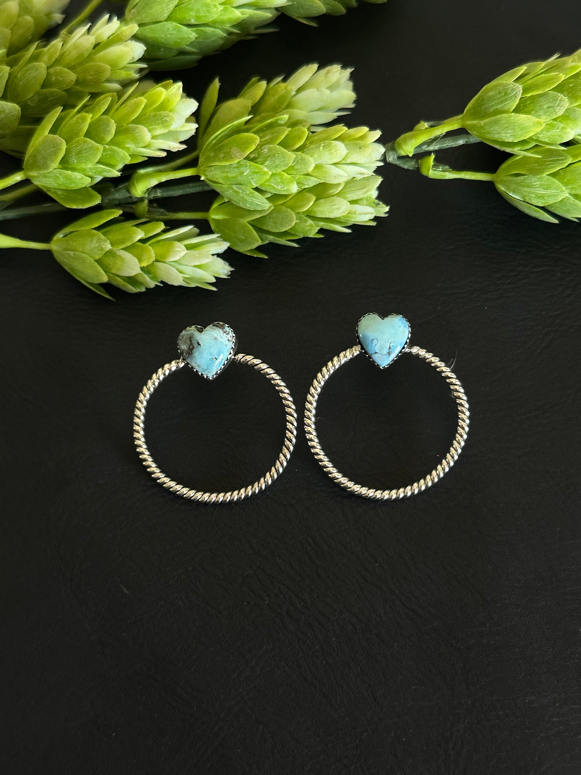 Southwest Handmade Golden Hills Turquoise & Sterling Silver Post Hoop Earrings