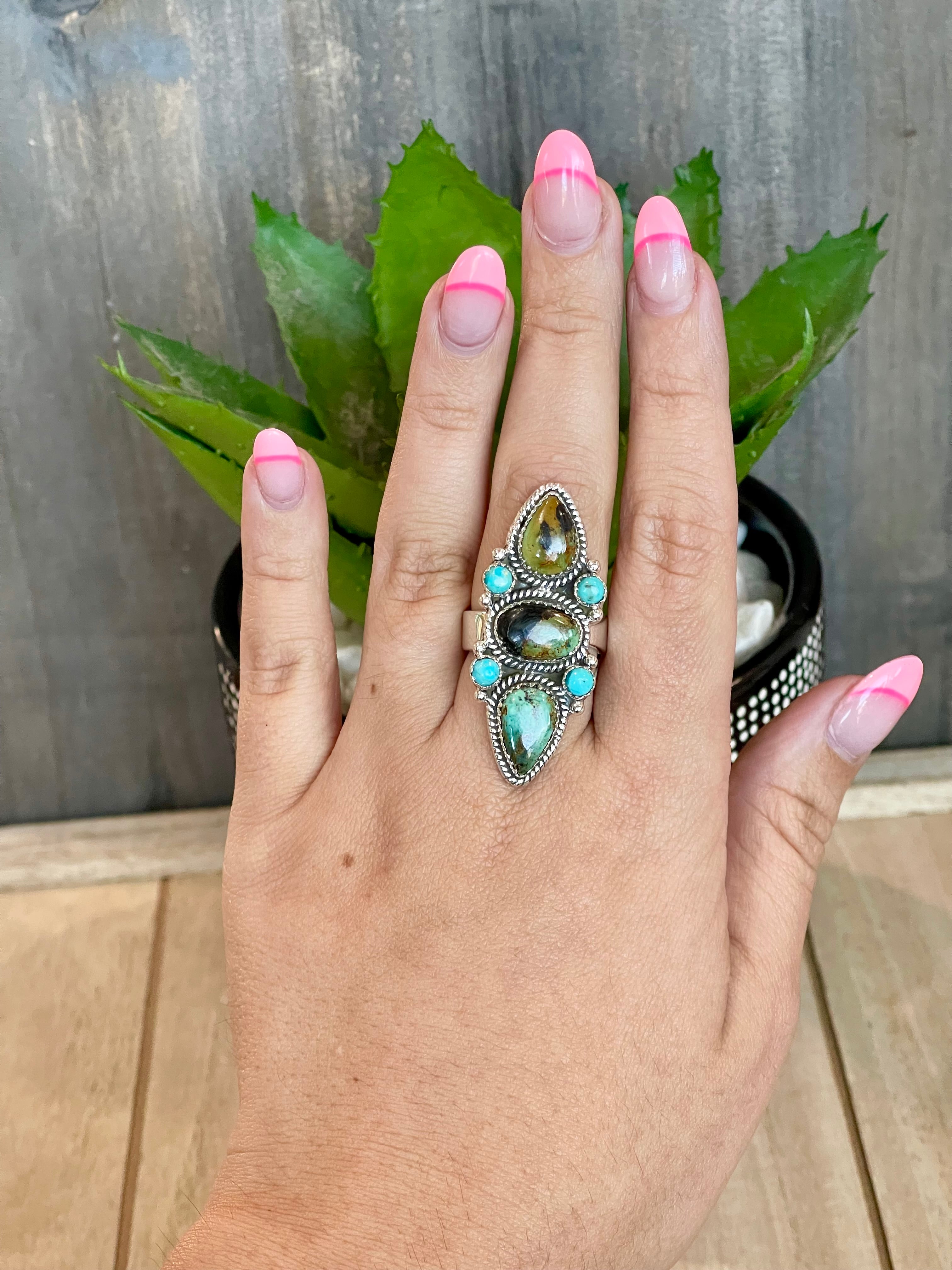 Southwest Handmade BlackJack Turquoise And Kingman Turquoise & Sterling Silver Adjustable Ring