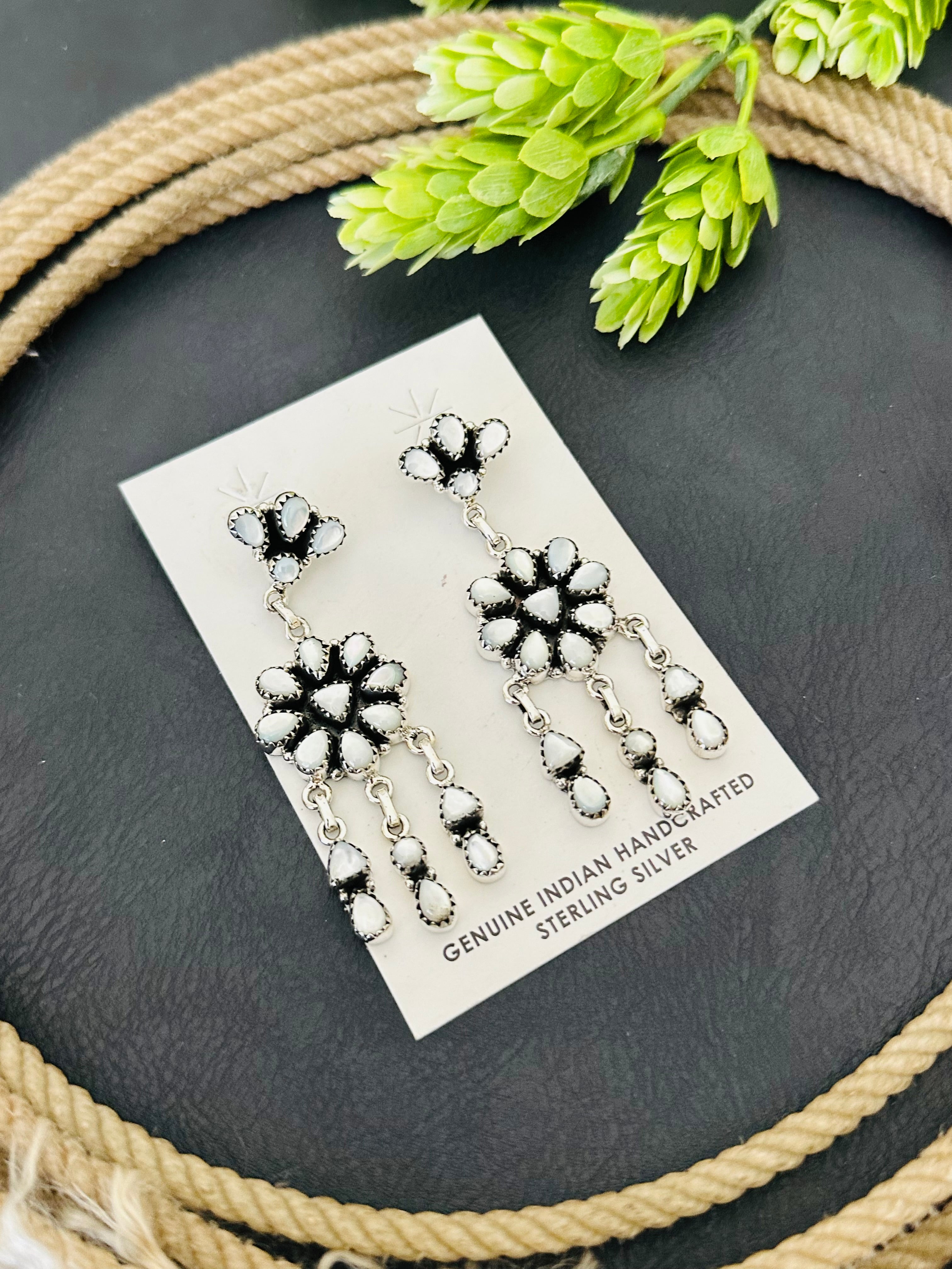 Southwest Handmade Mother Of Pearl & Sterling Silver Post Dangle Earrings