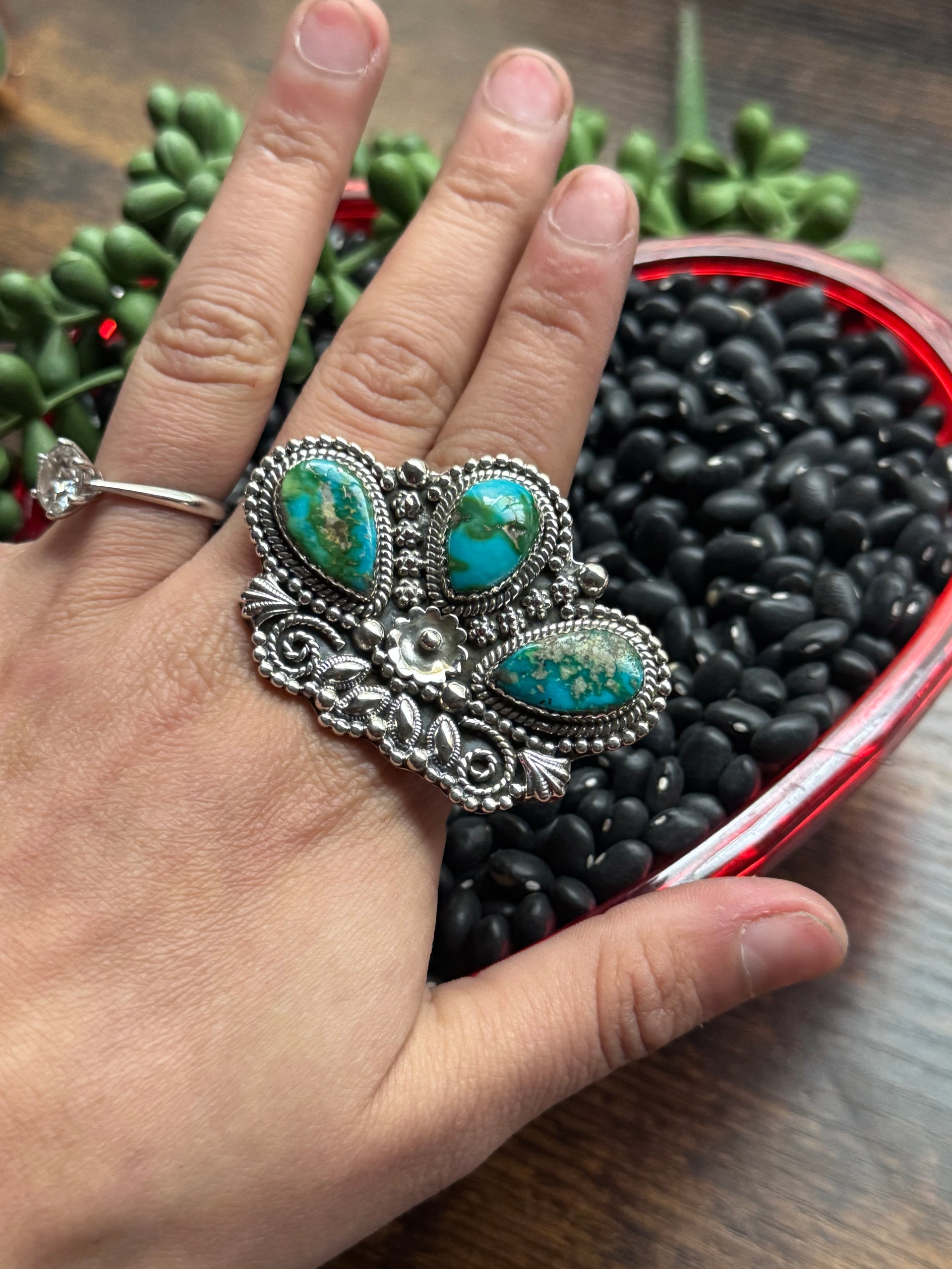 Southwest Handmade Sonoran Mountain Turquoise & Sterling Silver Adjustable Cluster Ring