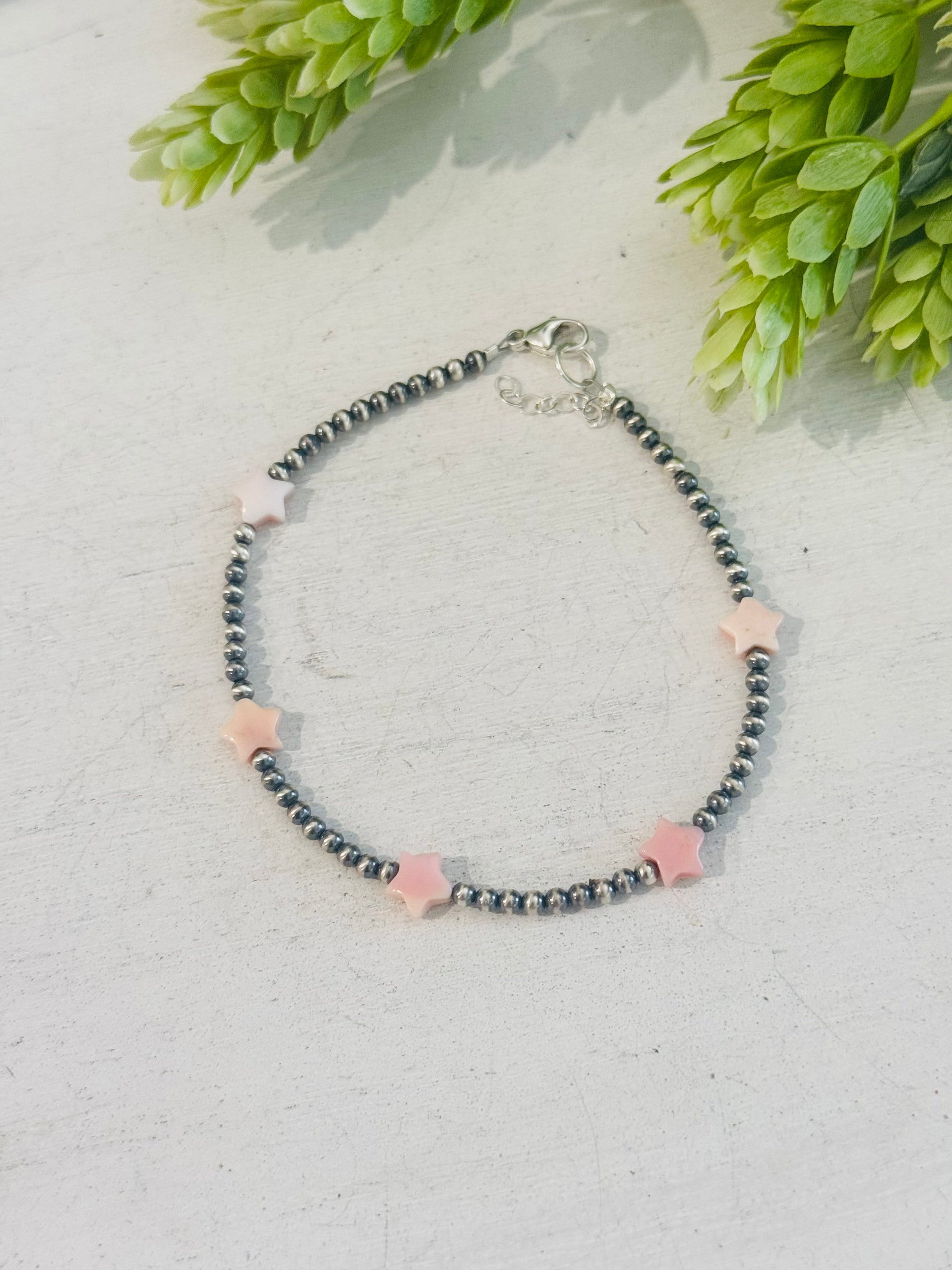 Southwest Strung Pink Conch & Sterling Silver Beaded Anklet