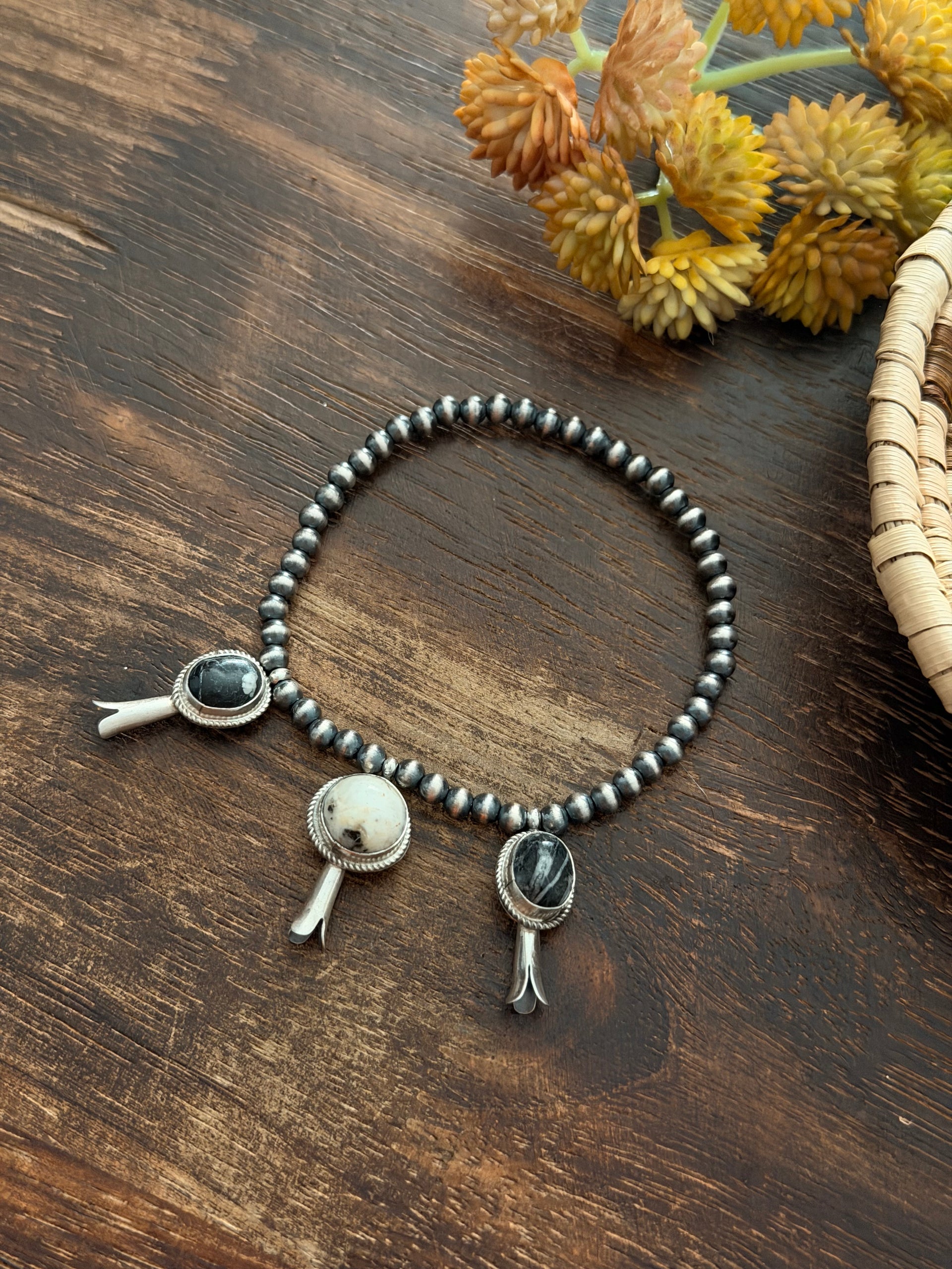 George Rios Multi Stone & Sterling Silver Hand Strung Pearl Beaded Stretch Bracelet