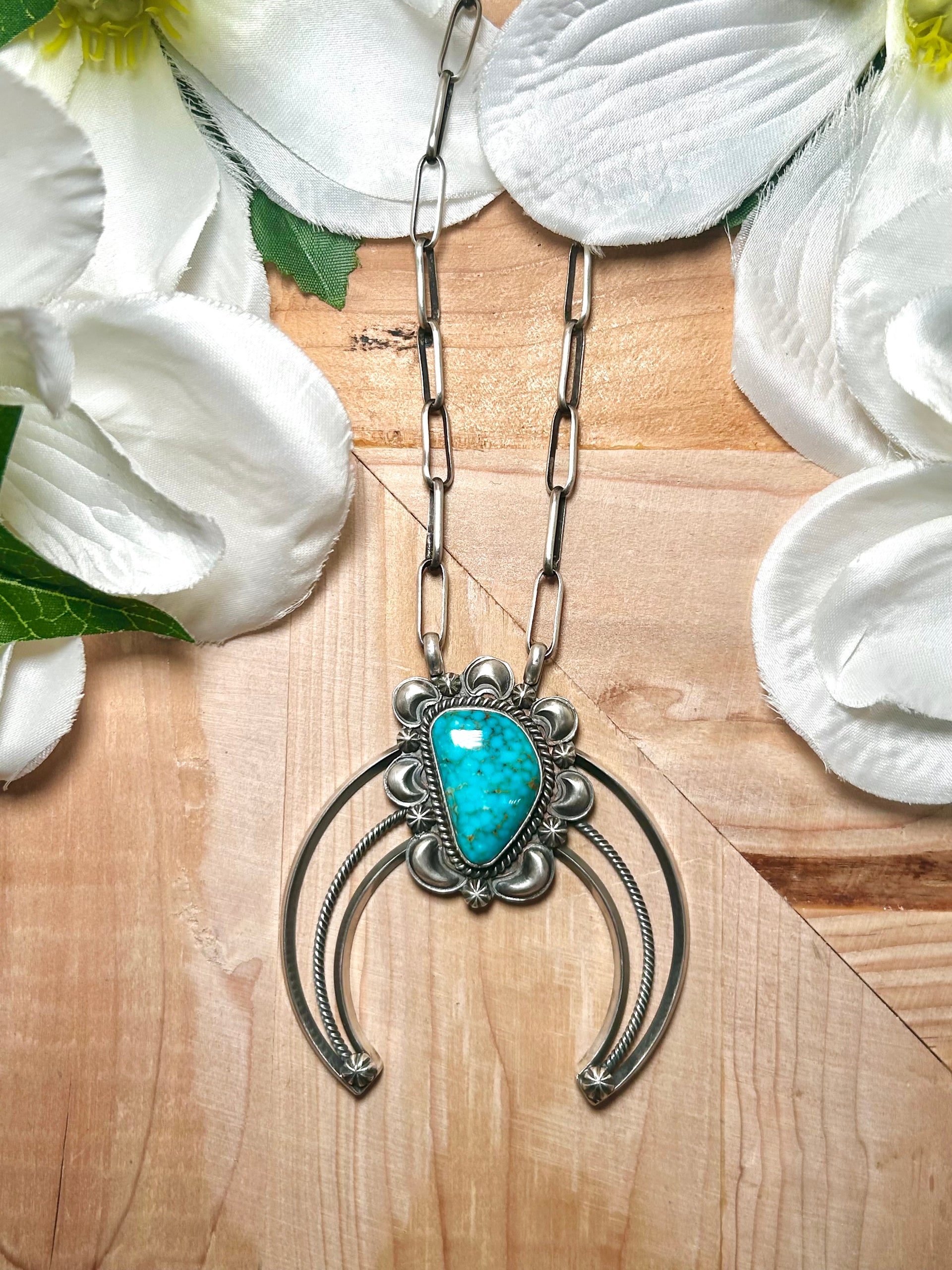 Navajo Made Natural Ithaka Peak Turquoise & Sterling Silver Necklace