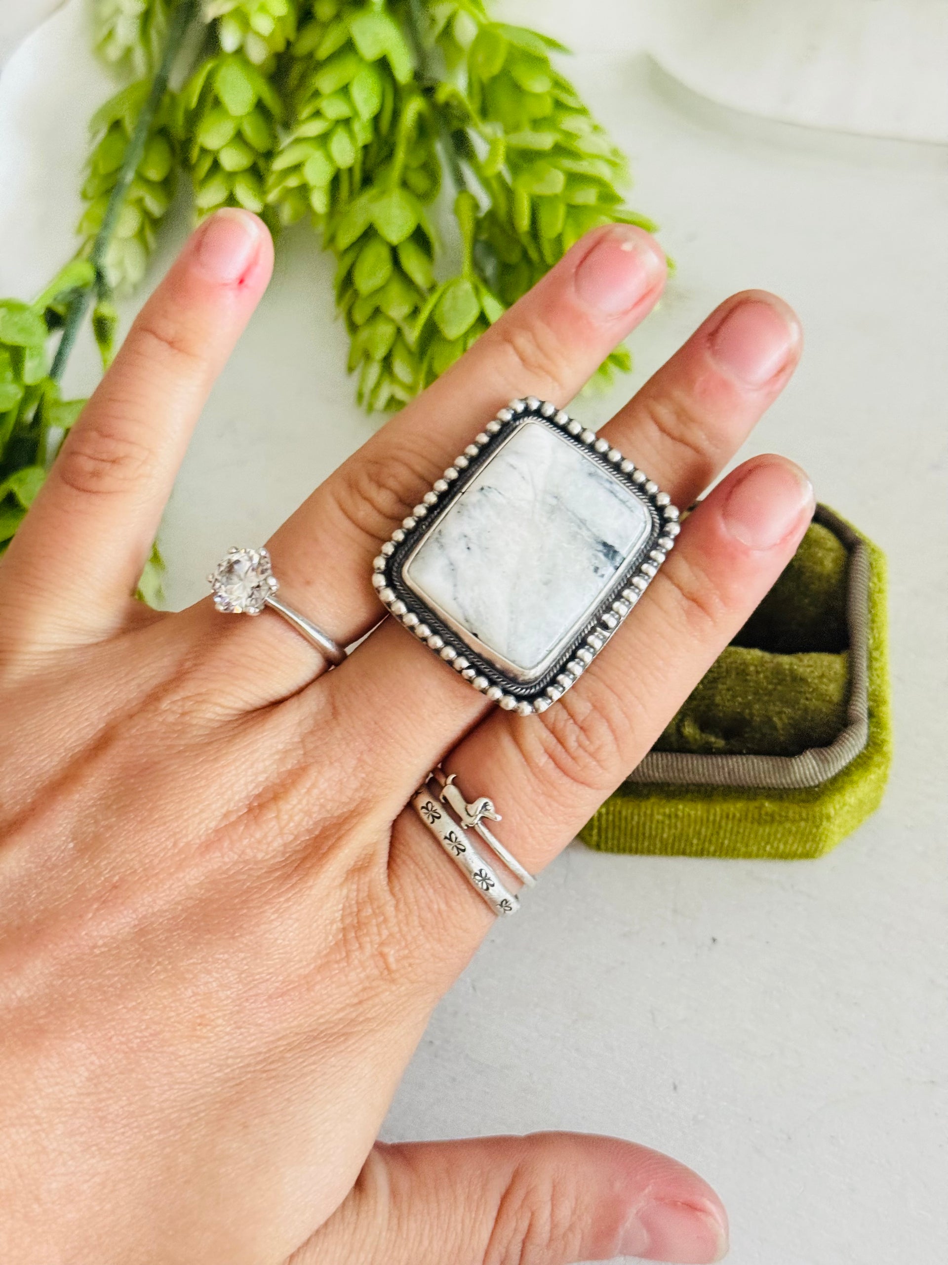 Navajo Made White Buffalo & Sterling Silver Adjustable Ring
