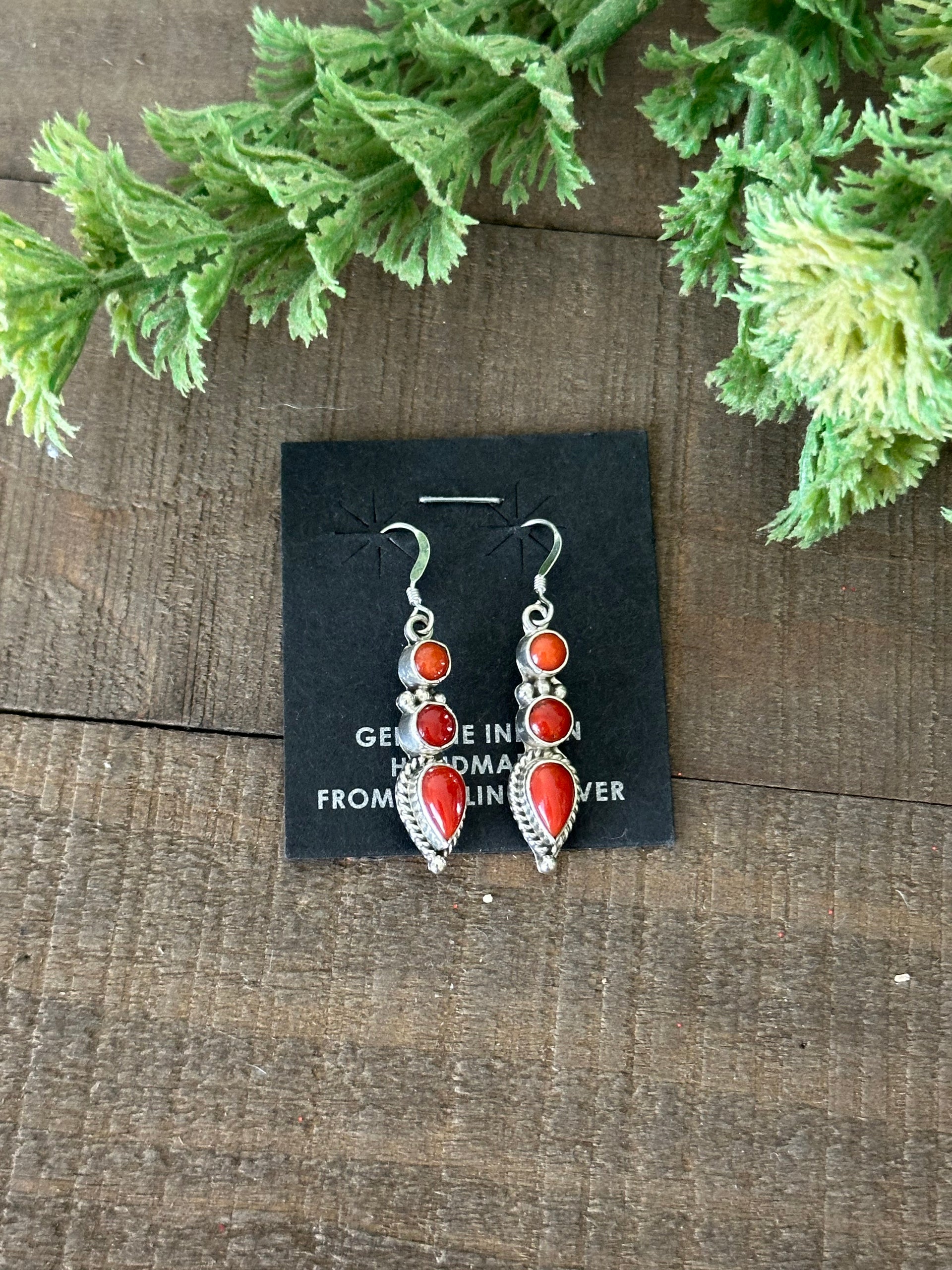 Navajo Made Coral & Sterling Silver Dangle Earrings