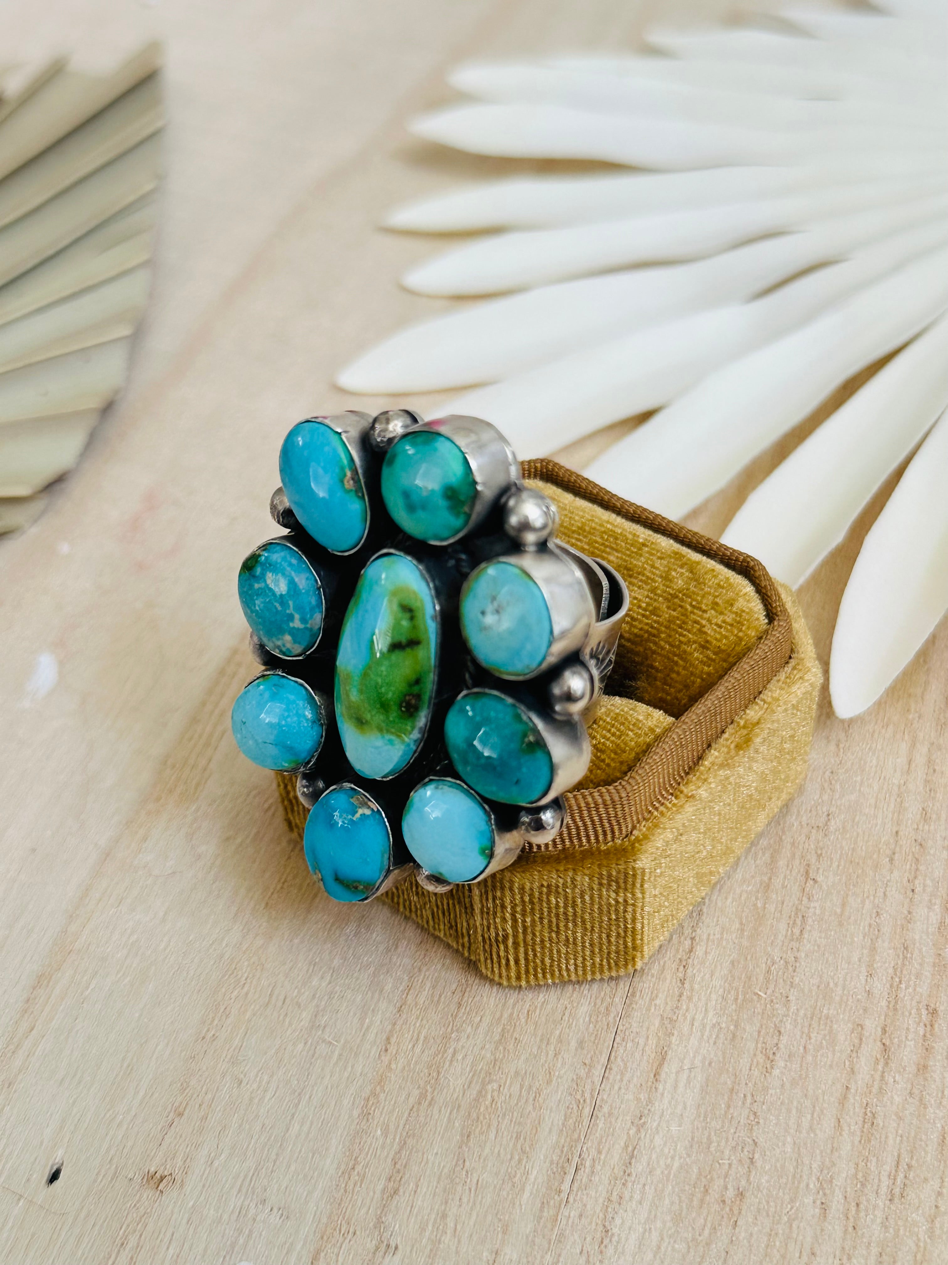 Navajo Handmade Sonoran Mountain Turquoise & Sterling Silver Cluster Adjustable Ring