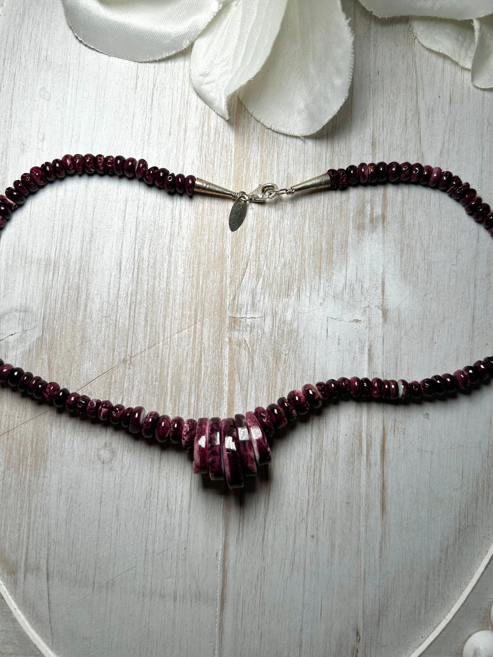 Navajo Made Strung Purple Spiny Oyster & Sterling Silver Necklace