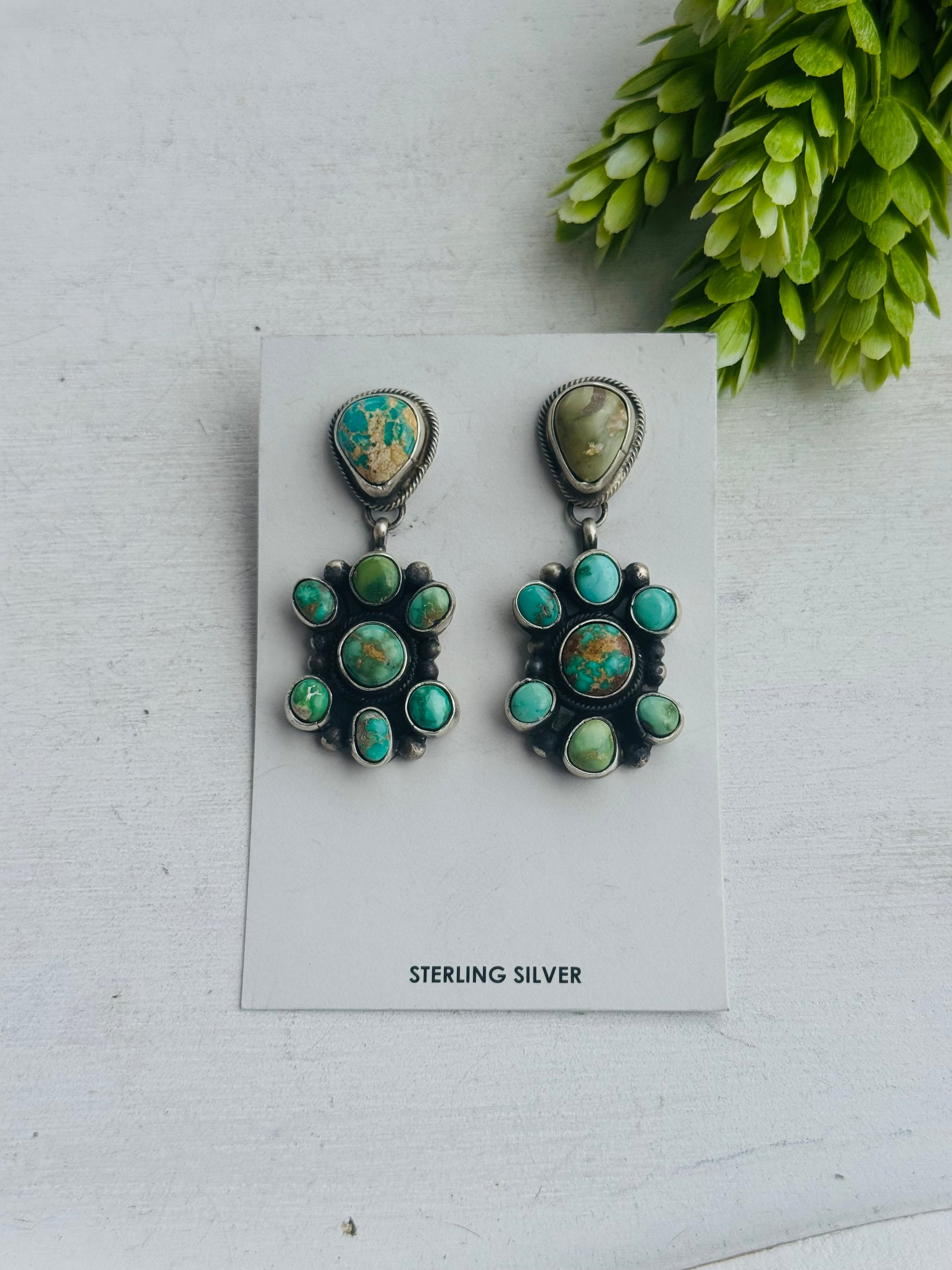 Sheila Becenti Royston Turquoise & Sterling Silver Post Dangle Cluster Earrings