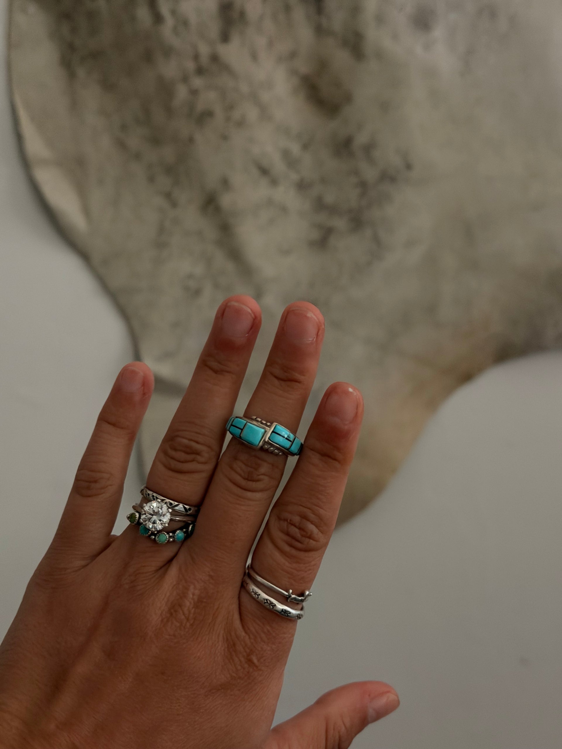 Navajo Made Kingman Turquoise & Sterling Silver Inlay Ring Size 5.25