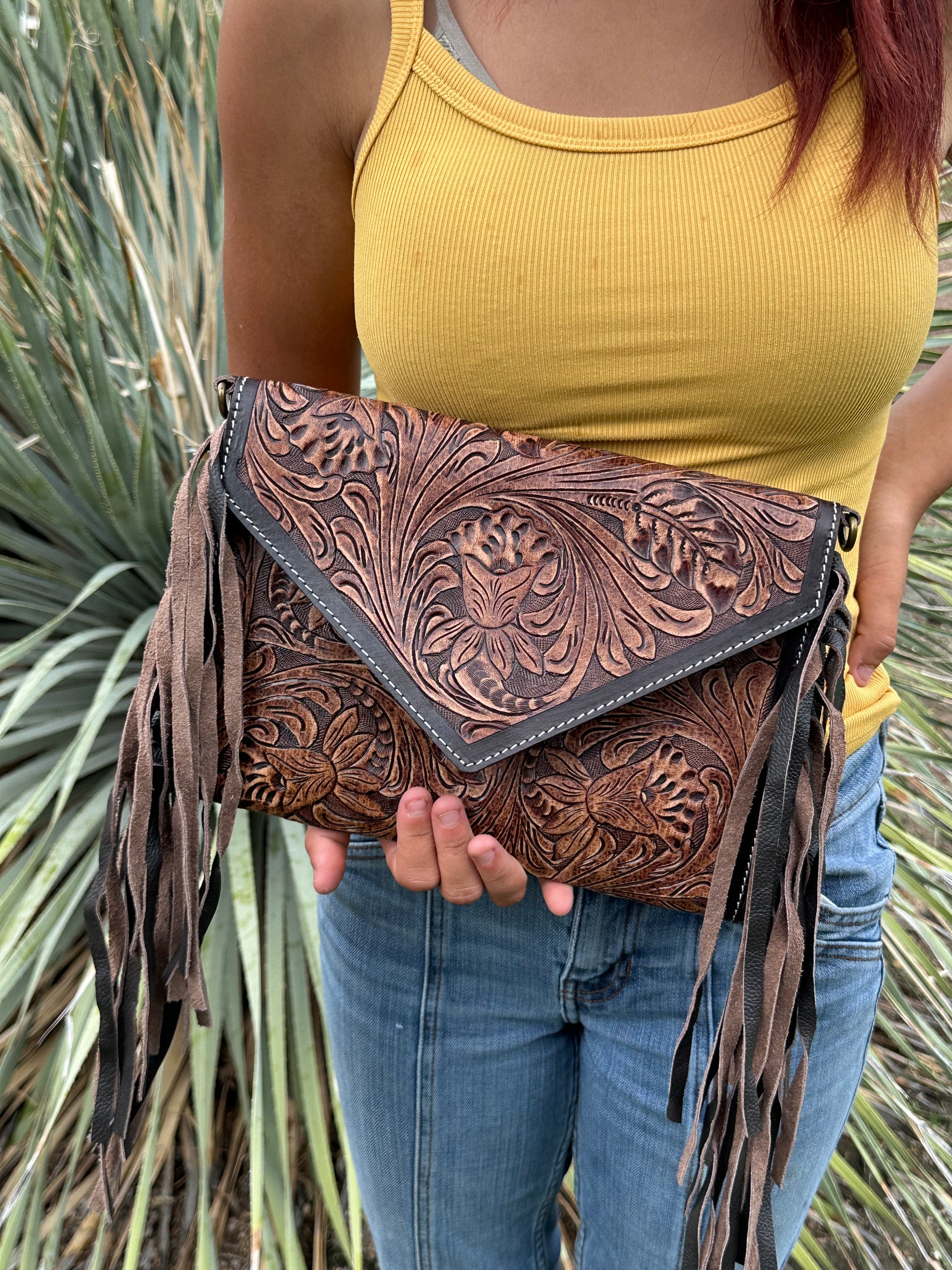 Genuine Leather Tooled Cross Body Fringe Purse