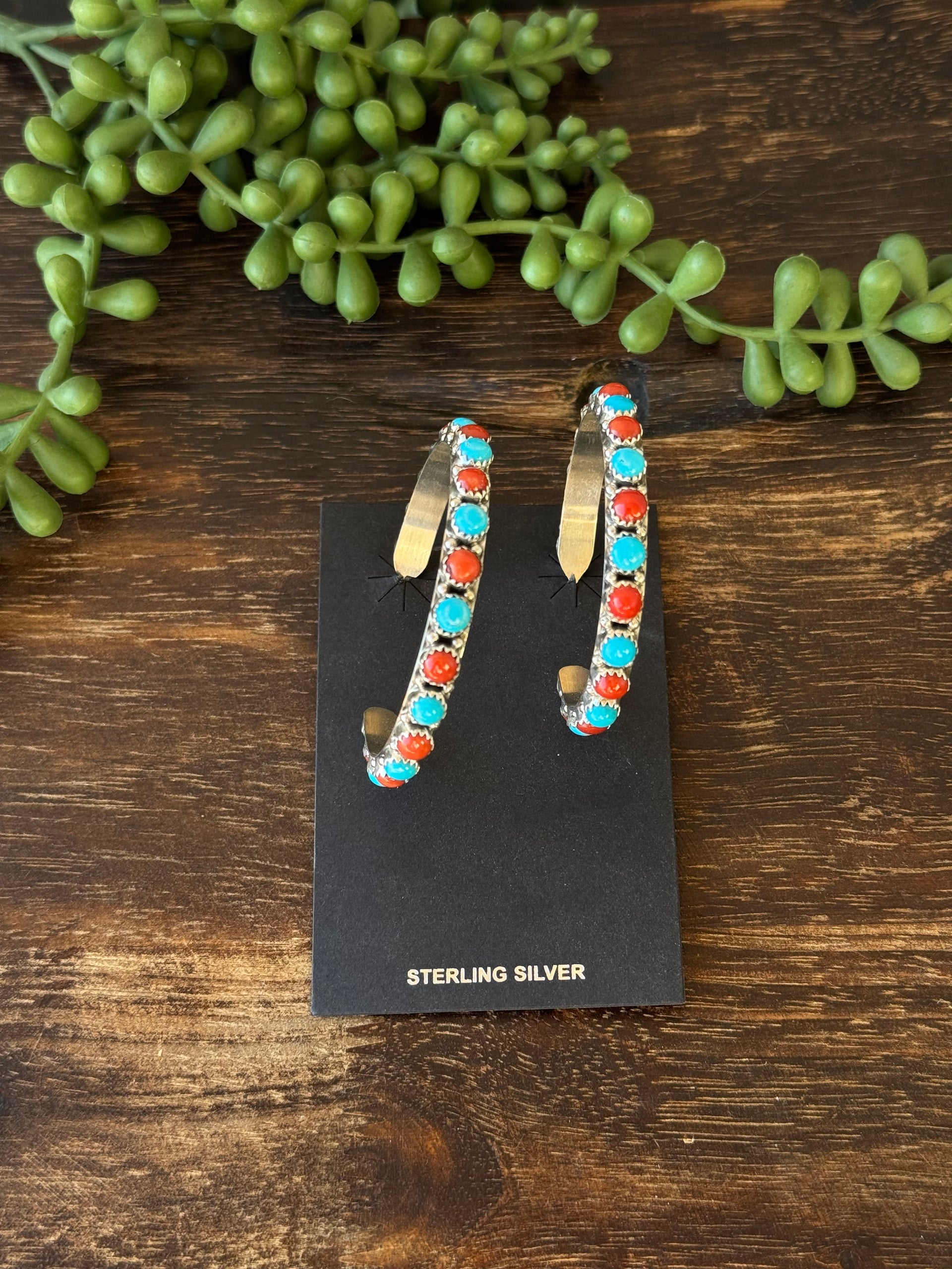 Navajo Made Multi Stone & Sterling Silver Hoop Earrings