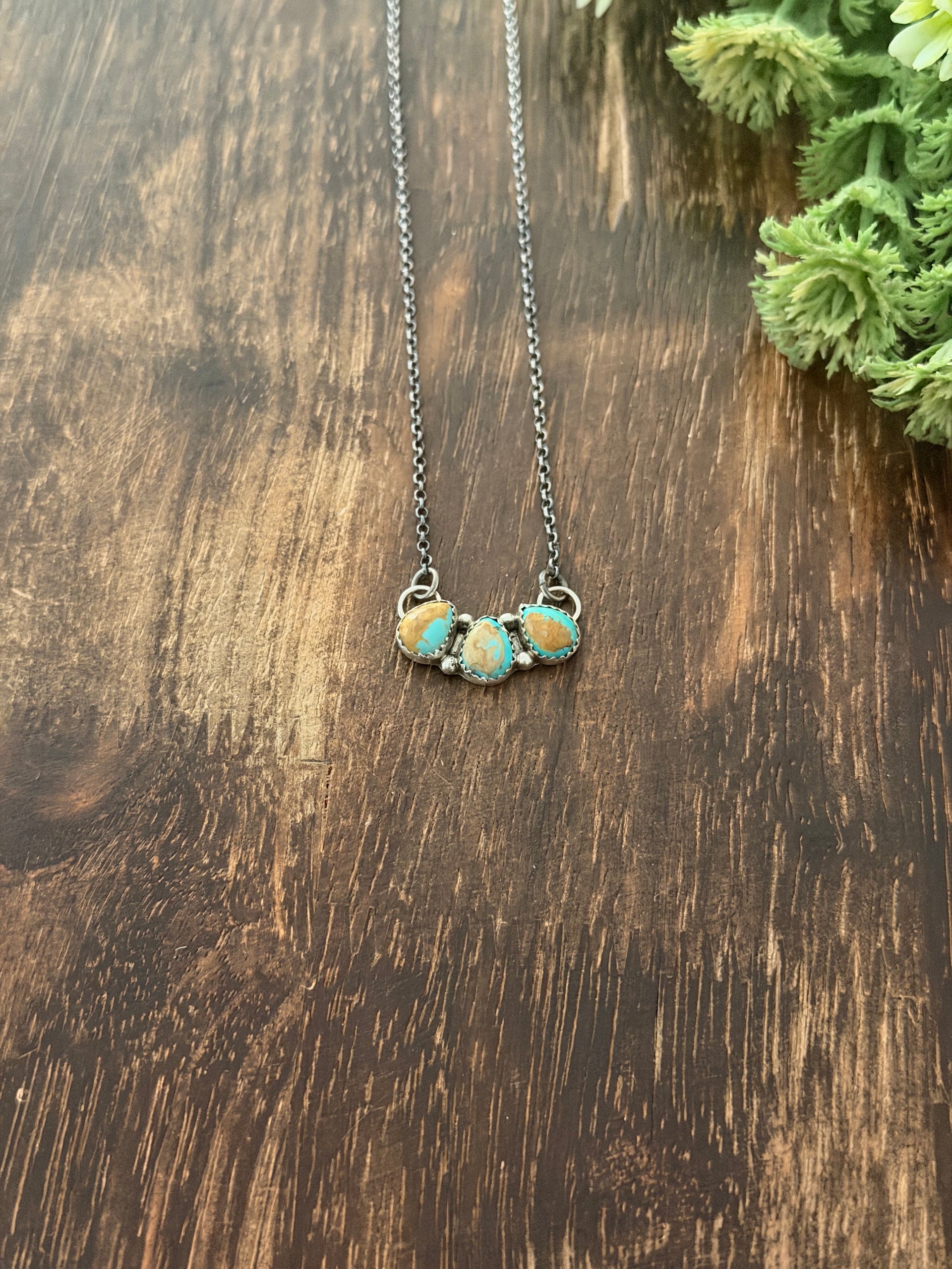 Navajo Made Kingman Turquoise & Sterling Silver Cluster Bar Necklace