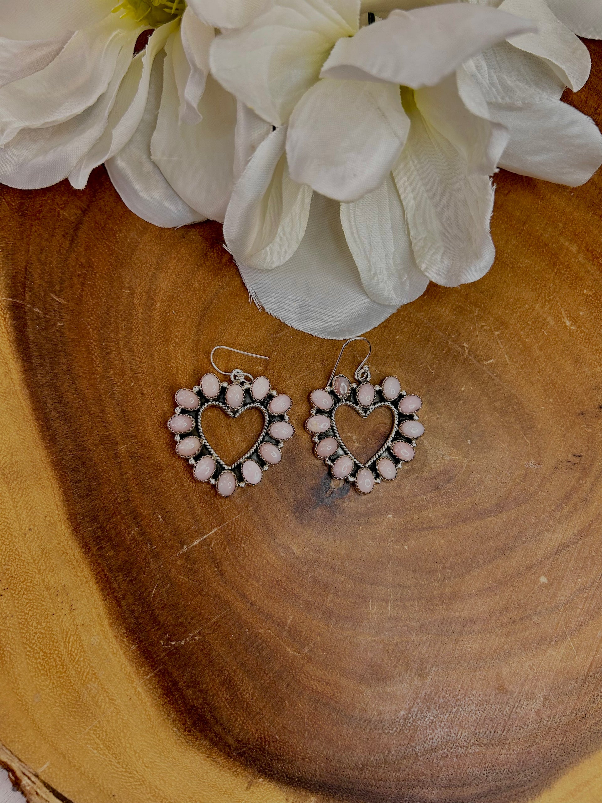 Southwest Made Peruvian Pink Opal & Sterling Silver Post Heart Earrings