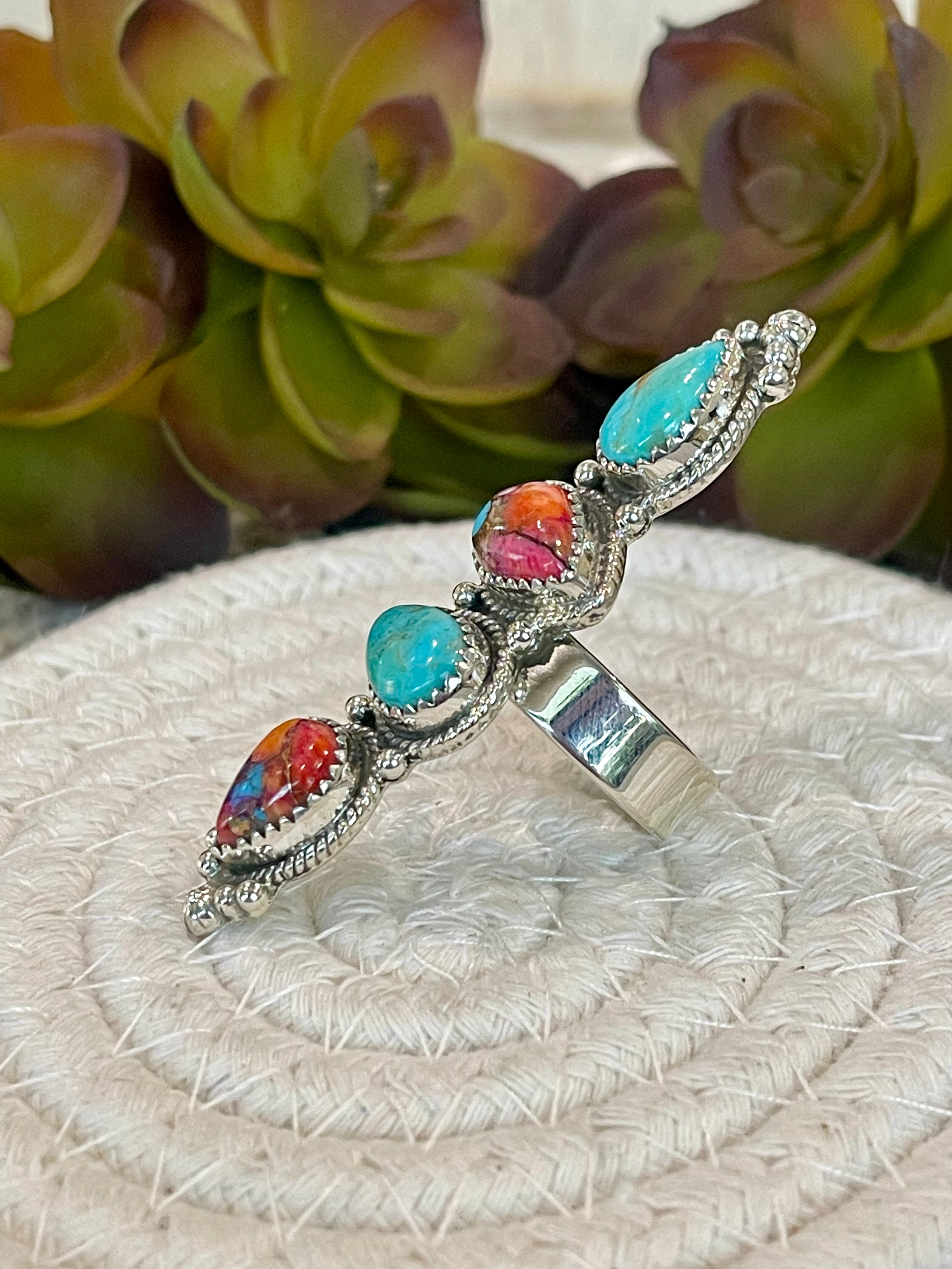 Southwest Handmade Multi Stone & Sterling Silver Adjustable 4 Stone Ring