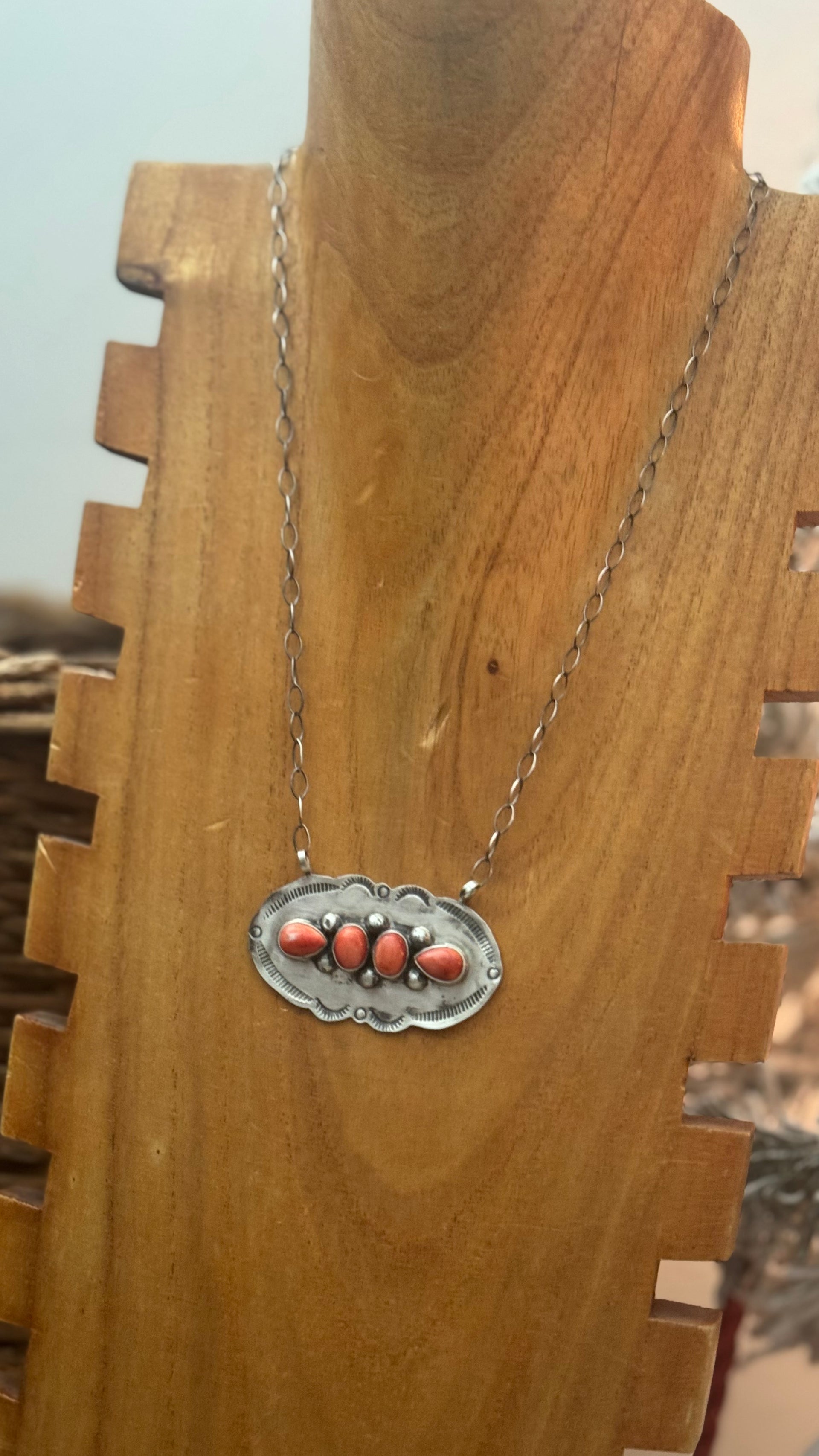 Navajo Made Red Spiny Oyster & Sterling Silver Necklace
