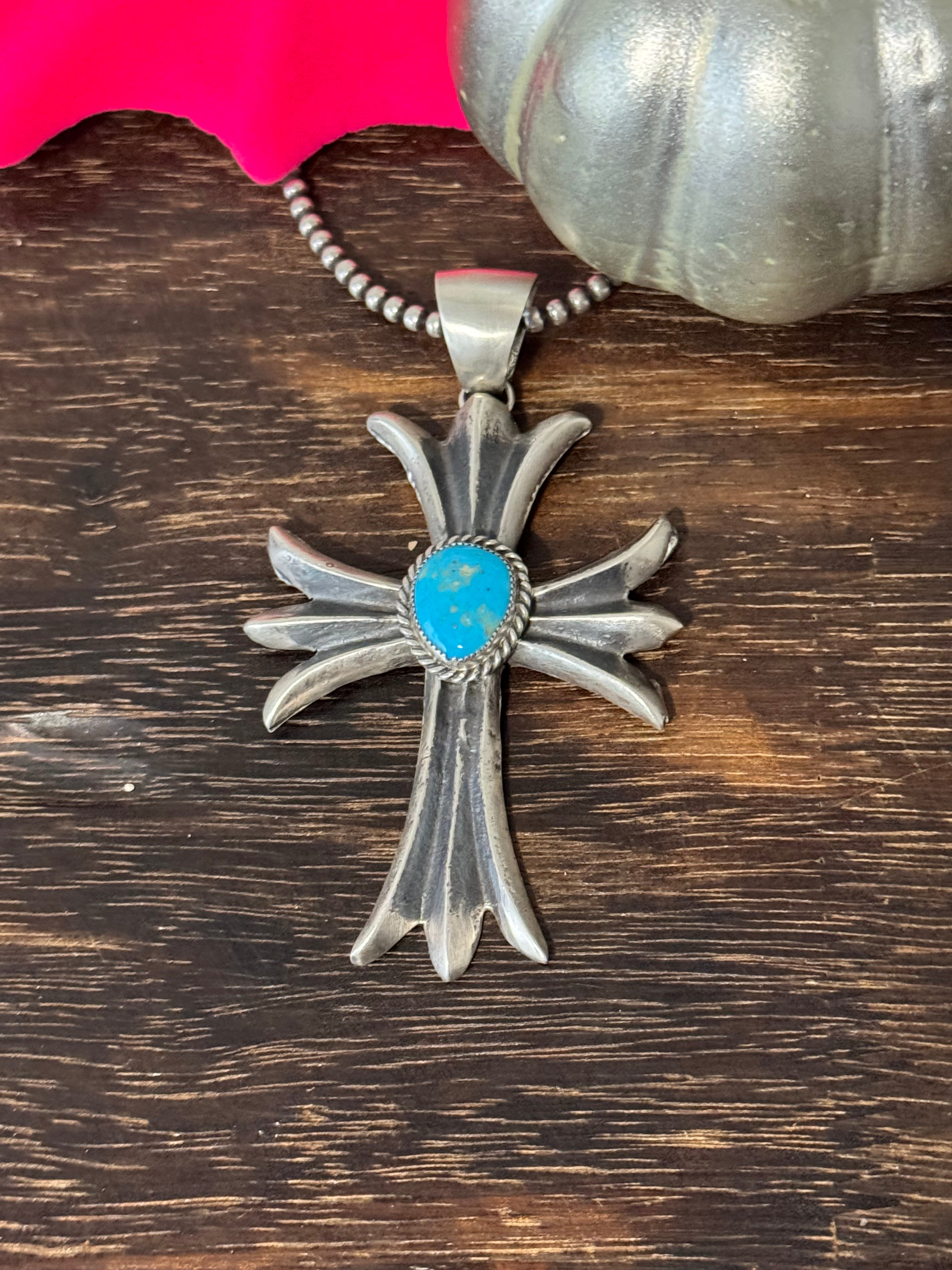 Navajo Made Kingman Turquoise & Sterling Silver Cross Pendant