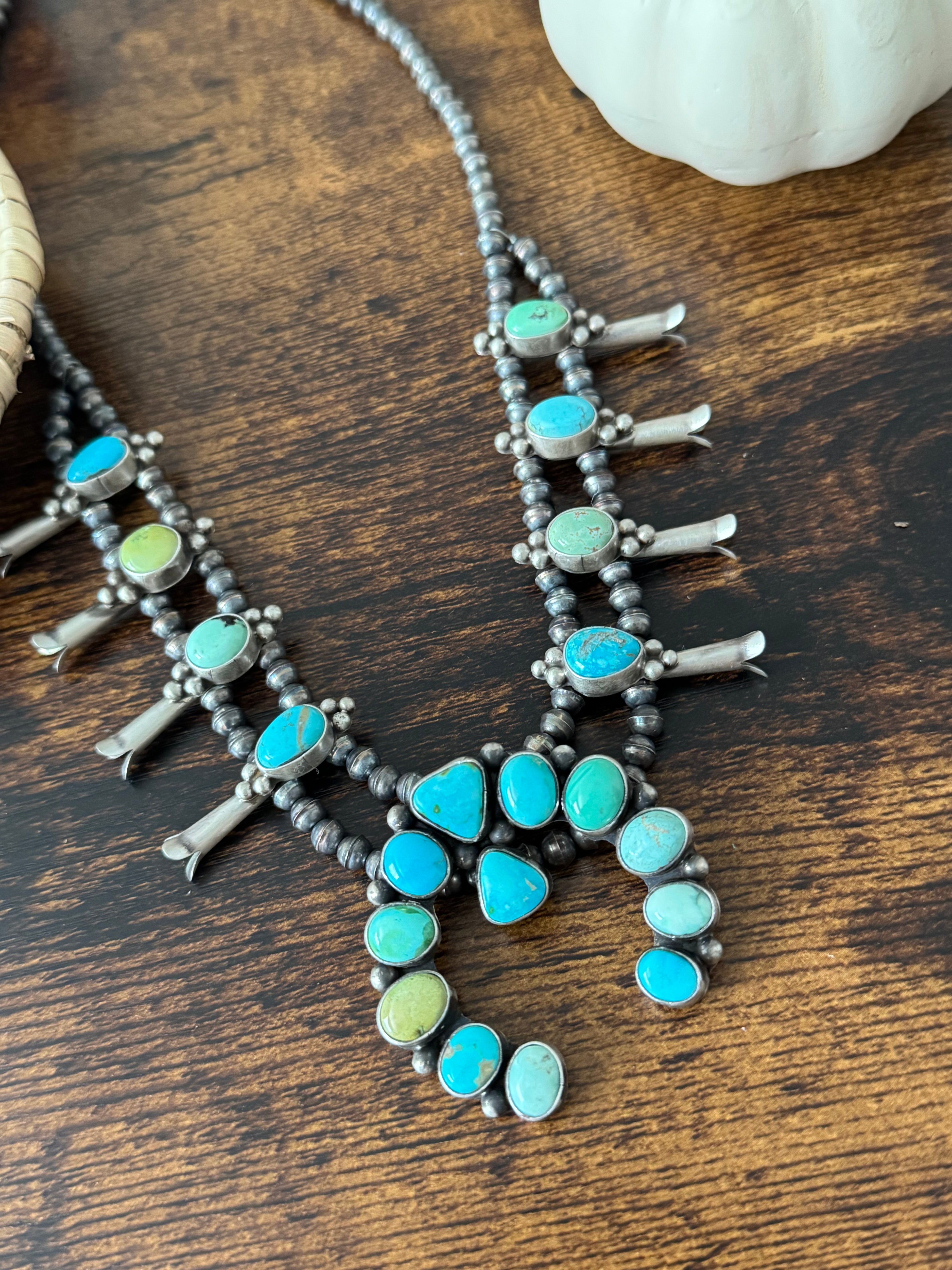 Tricia Smith Mixed Turquoise & Sterling Silver Squash Blossom Necklace