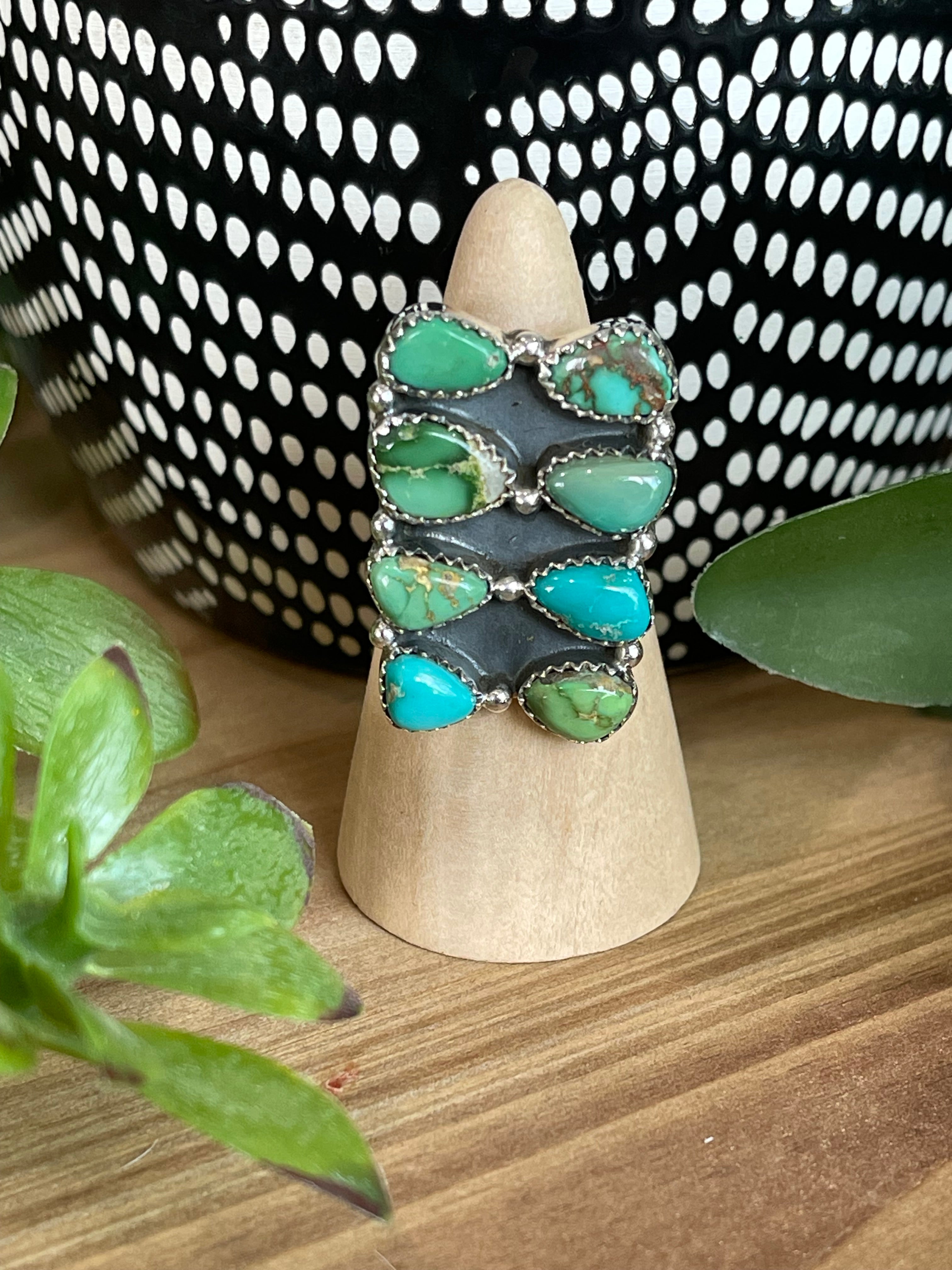 Southwest Handmade Sonoran Mountain Turquoise & Sterling Silver Cluster Adjustable Ring