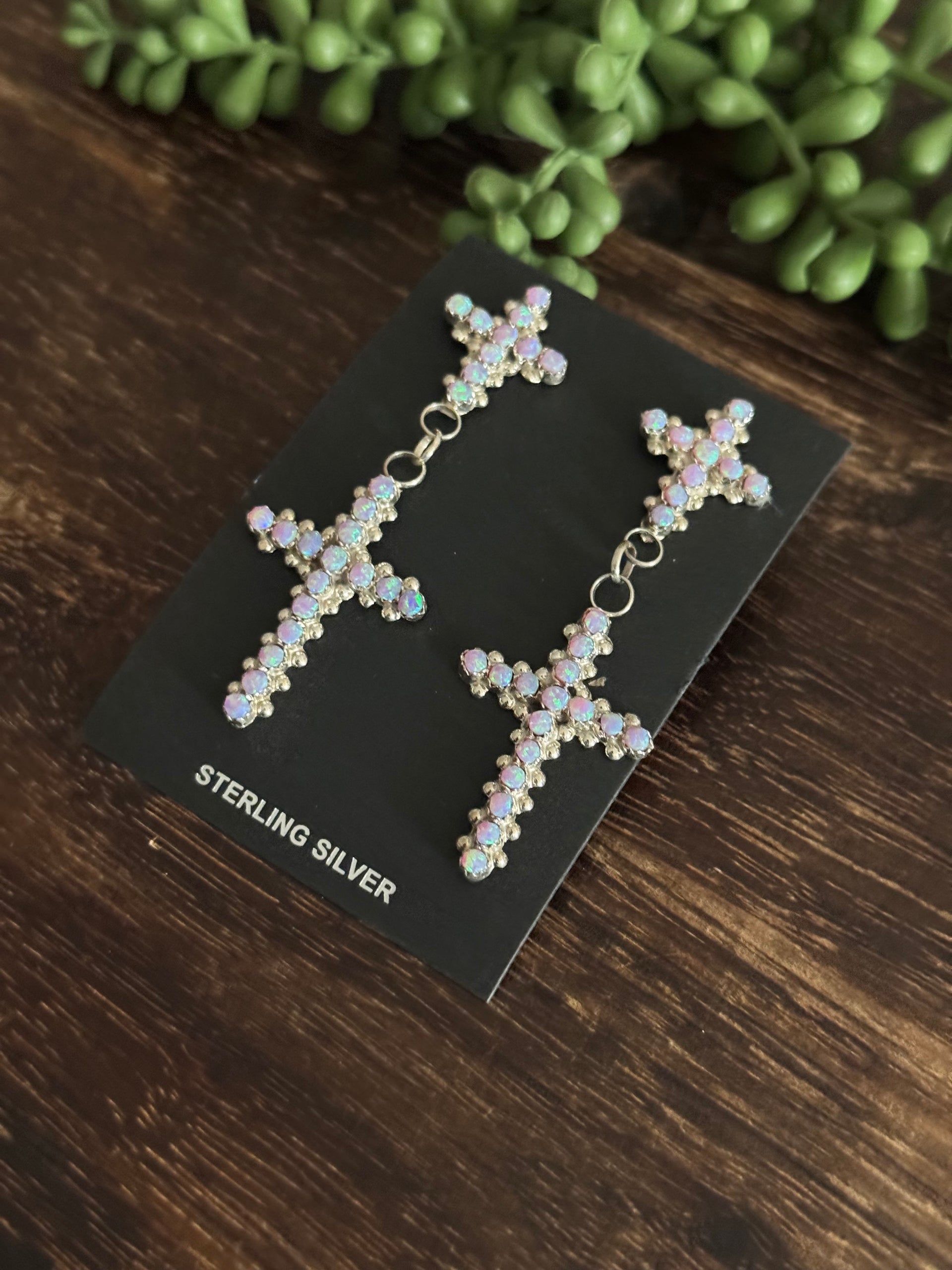 Zuni Made Purple Opal & Sterling Silver Post Dangle Cluster Cross Earrings