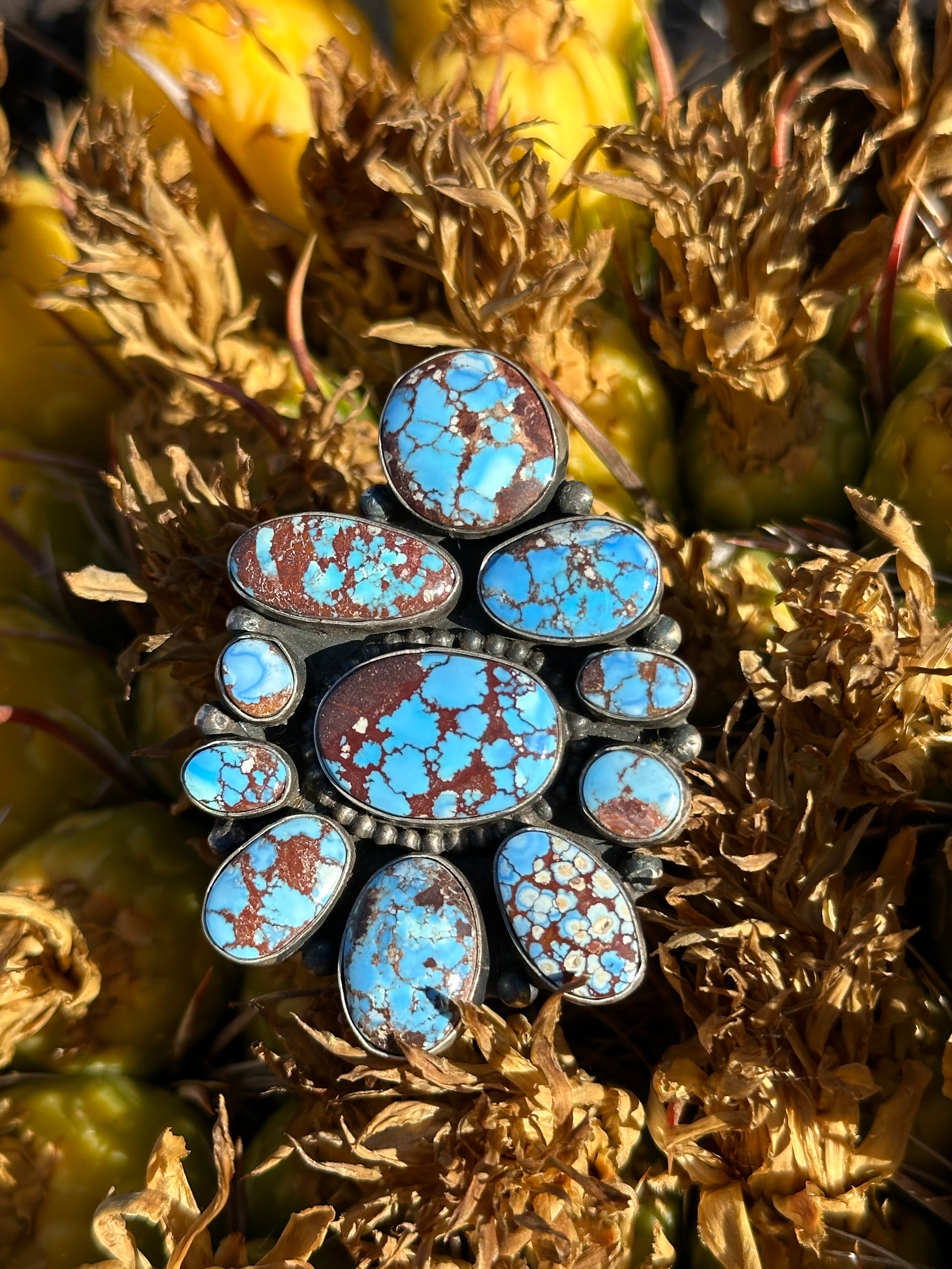 Navajo Made Golden Hills Turquoise & Sterling Silver Cluster Ring Size 9.25