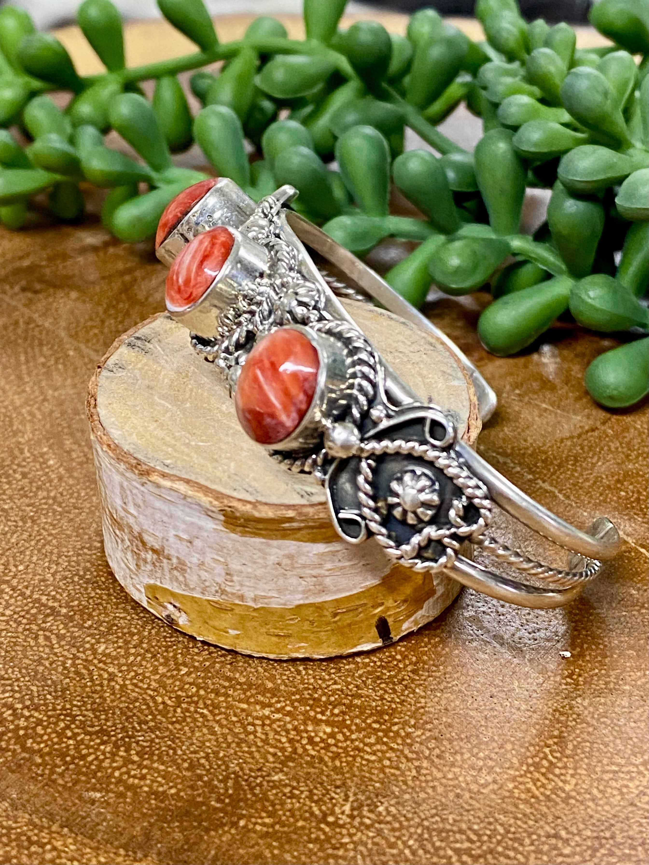 Navajo Made Red Spiny Oyster & Sterling Silver Cuff Bracelet