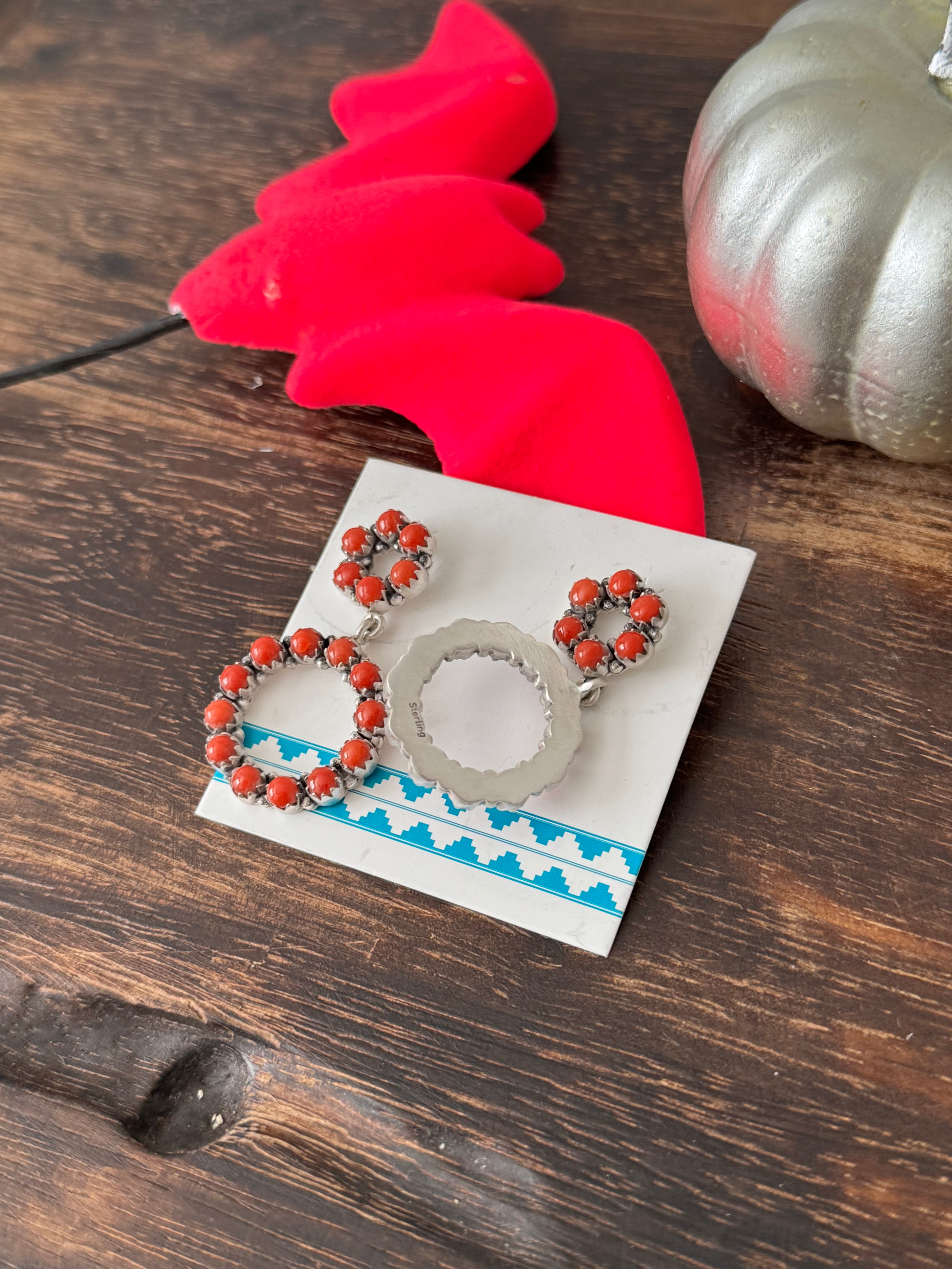 Navajo Made Italian Coral & Sterling Silver Post Dangle Cluster Earrings