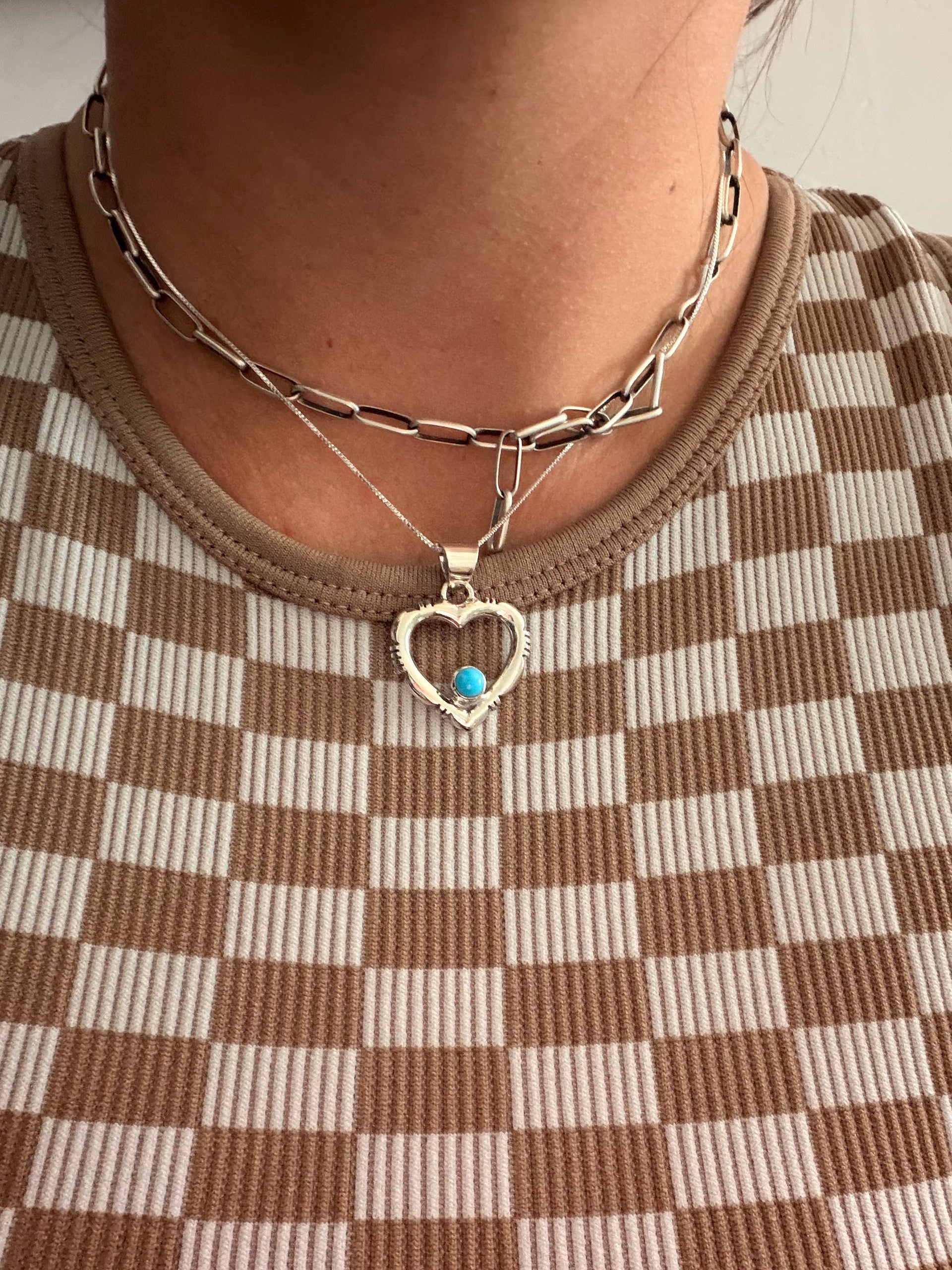Navajo Made Kingman Turquoise & Sterling Silver Heart Necklace