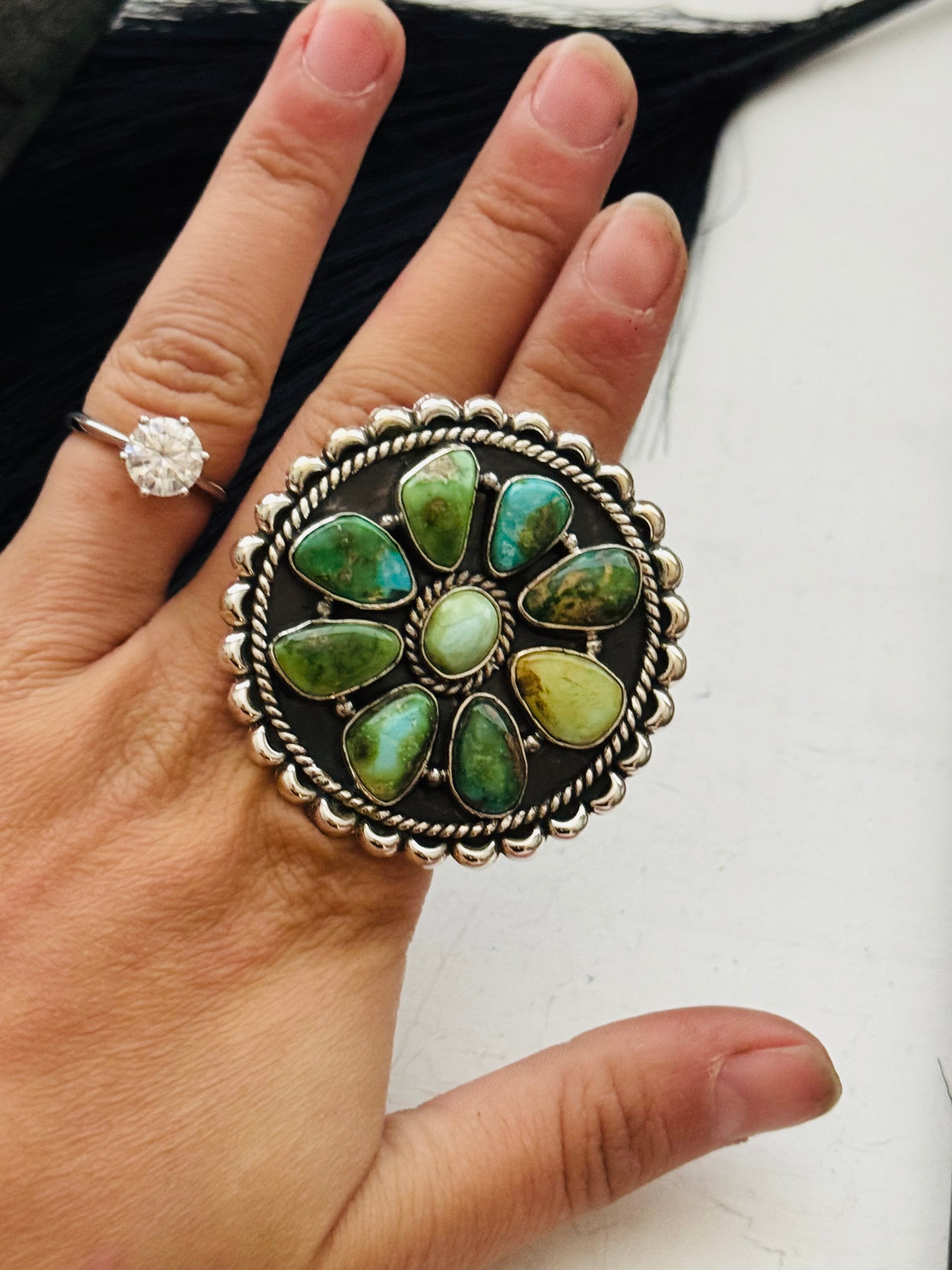 Southwest Handmade Sonoran Mountain Turquoise & Sterling Silver Adjustable Cluster Ring