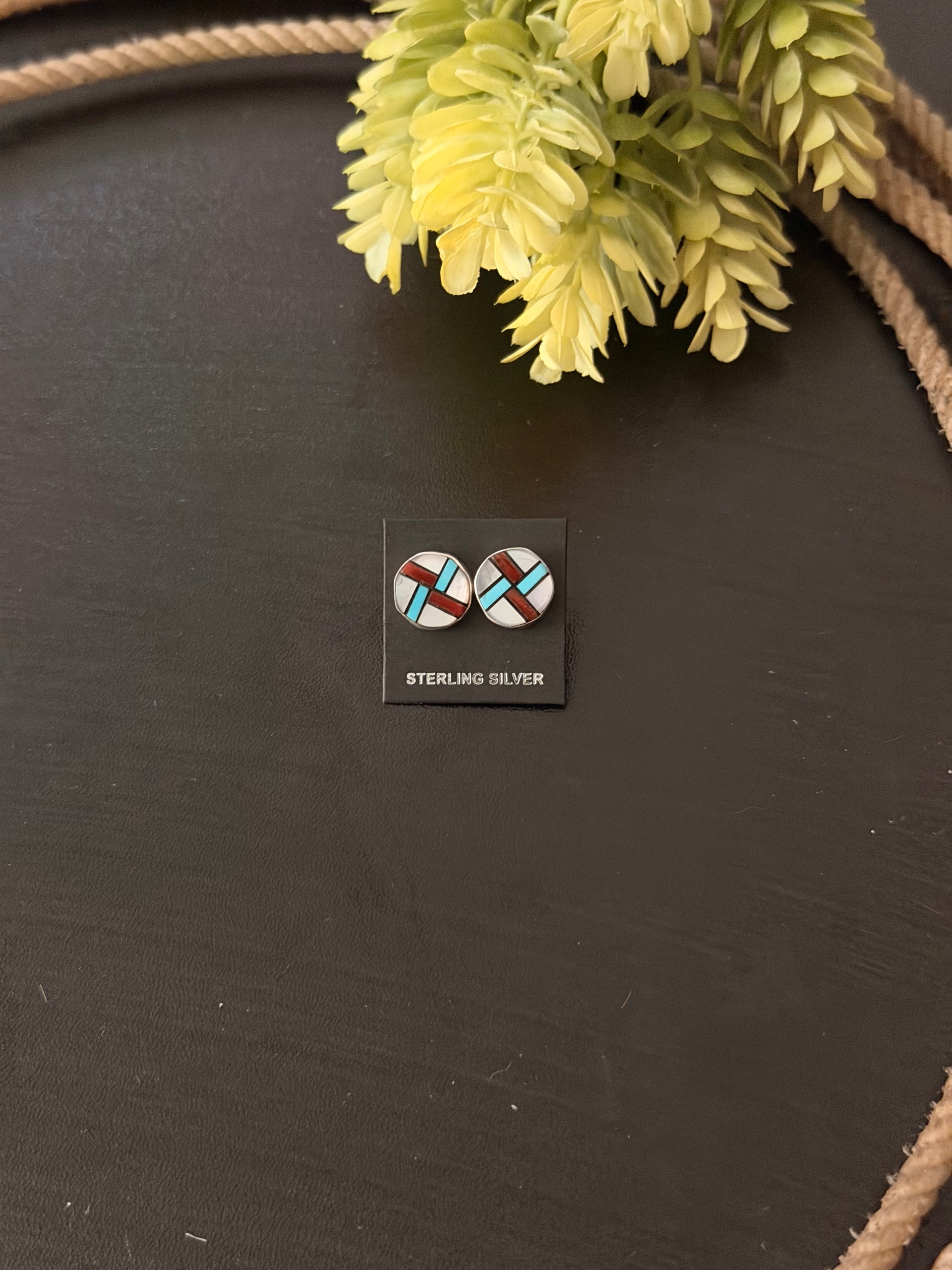 Zuni Made Multi Stone & Sterling Silver Post Inlay Earrings