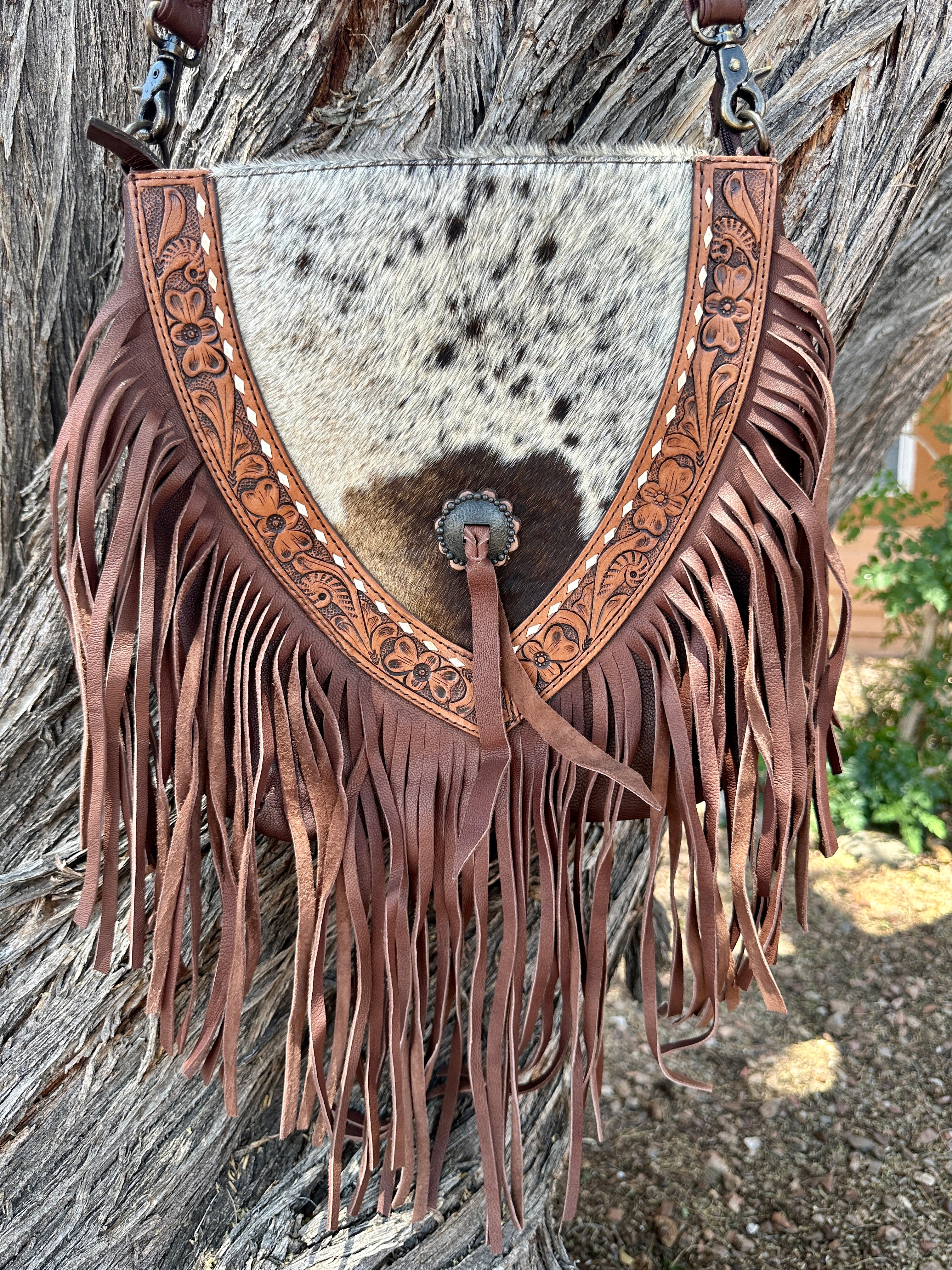 Genuine Tooled Leather & Cowhide Fringe Purse