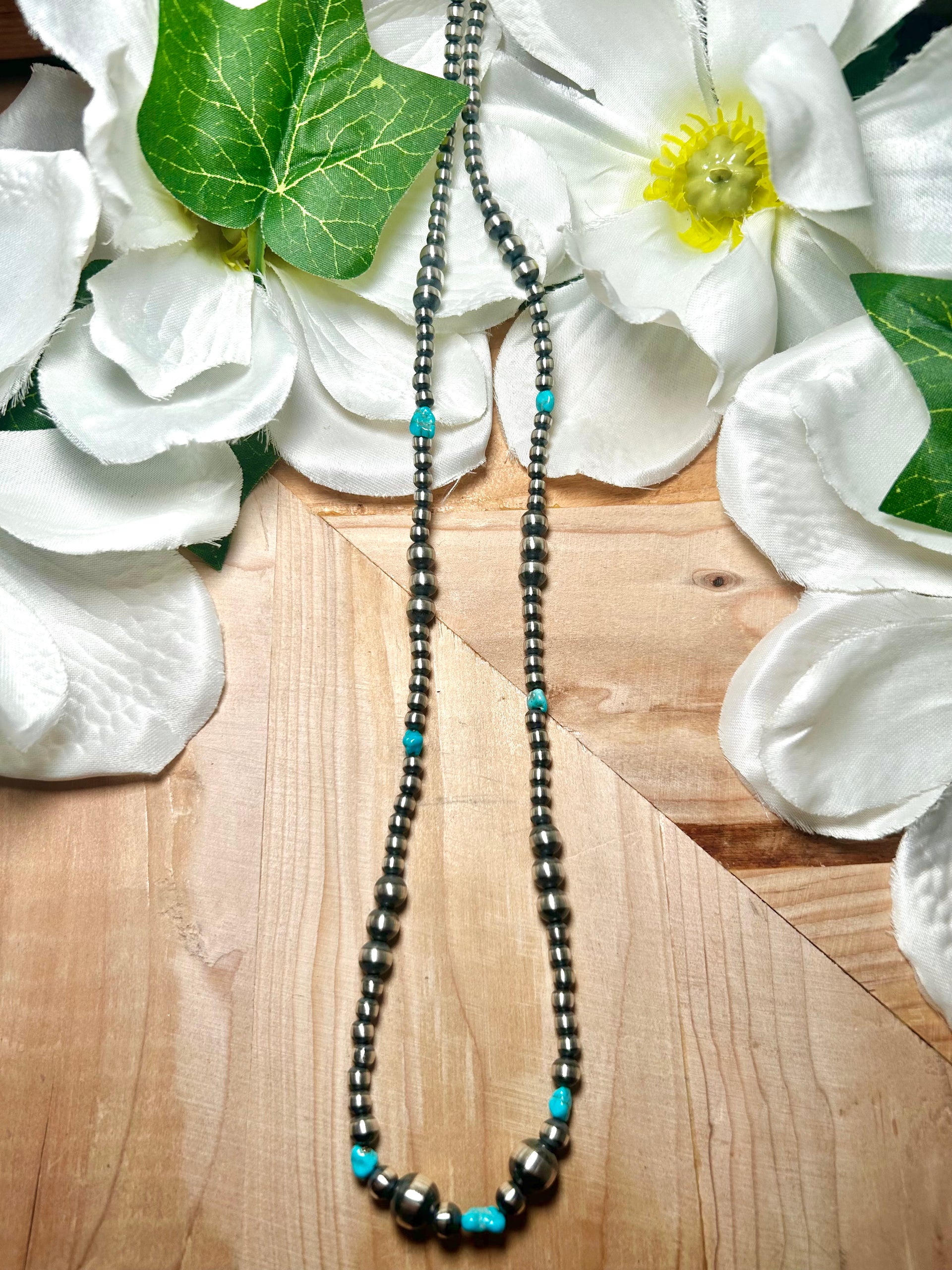 Navajo Made Strung Kingman Turquoise & Sterling Silver Necklace