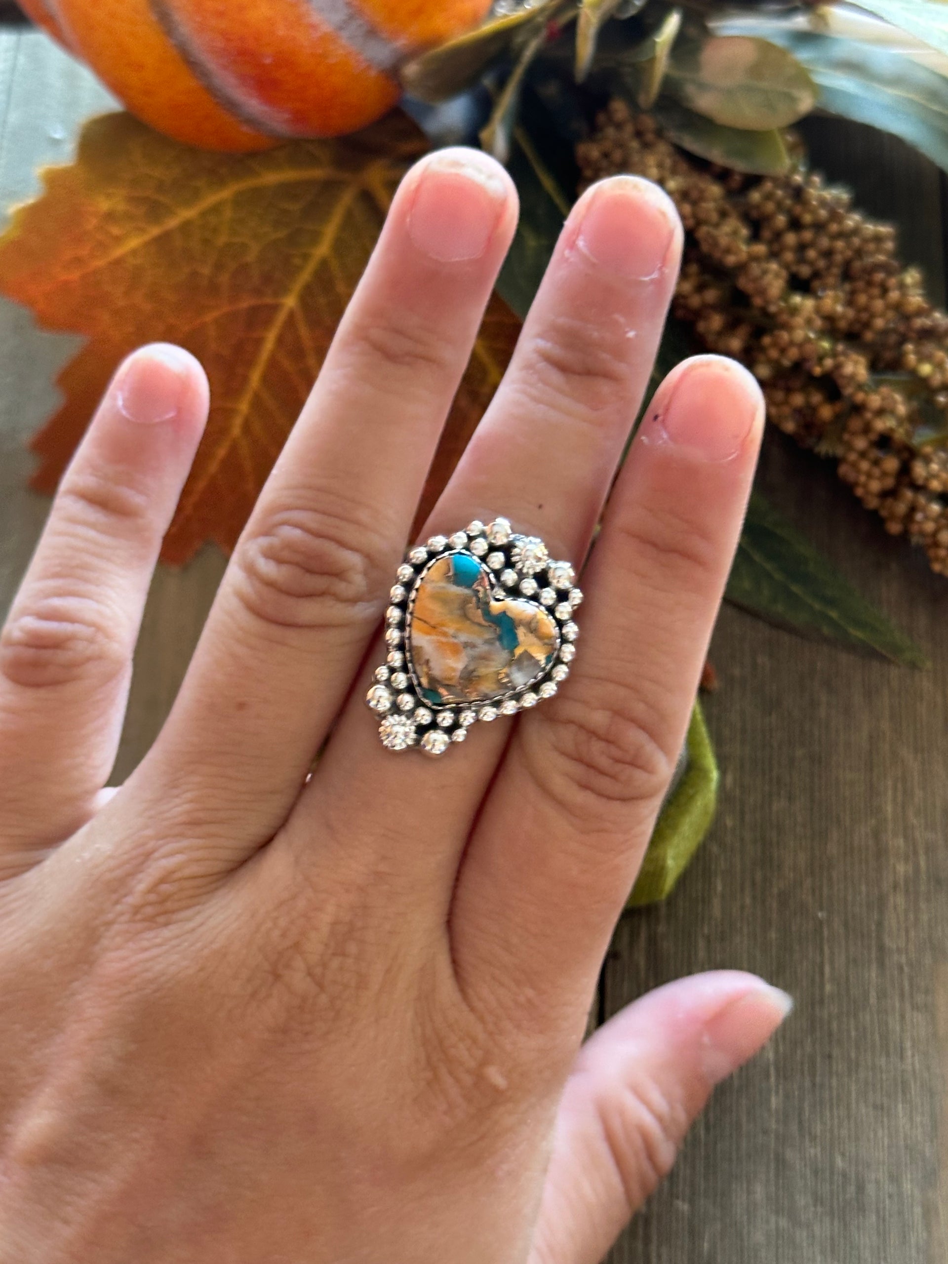 Southwest Handmade Mohave Turquoise & Sterling Silver Heart Ring Size 7.75