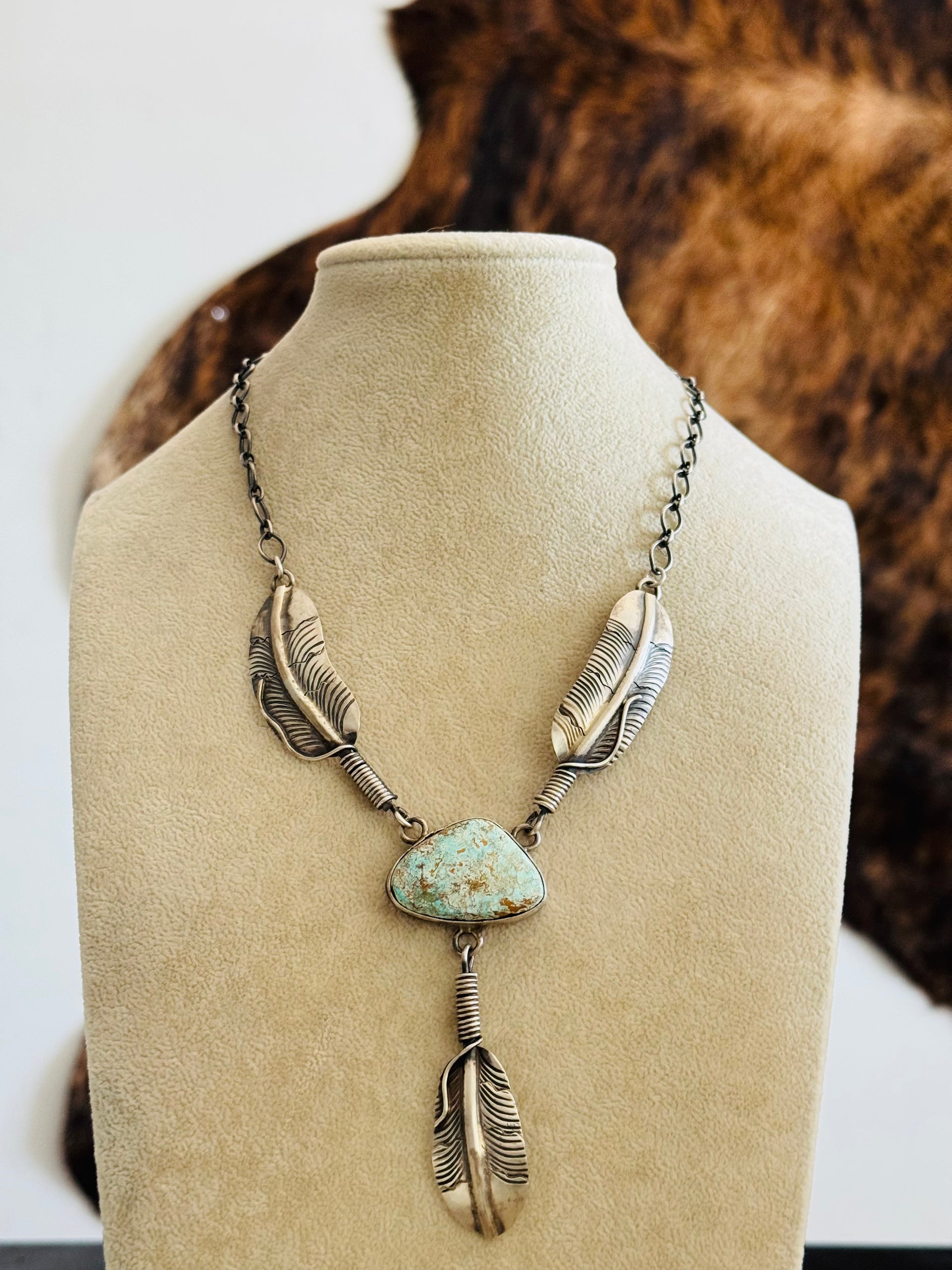 Navajo Made Royston Turquoise and Sterling Silver Feather Necklace