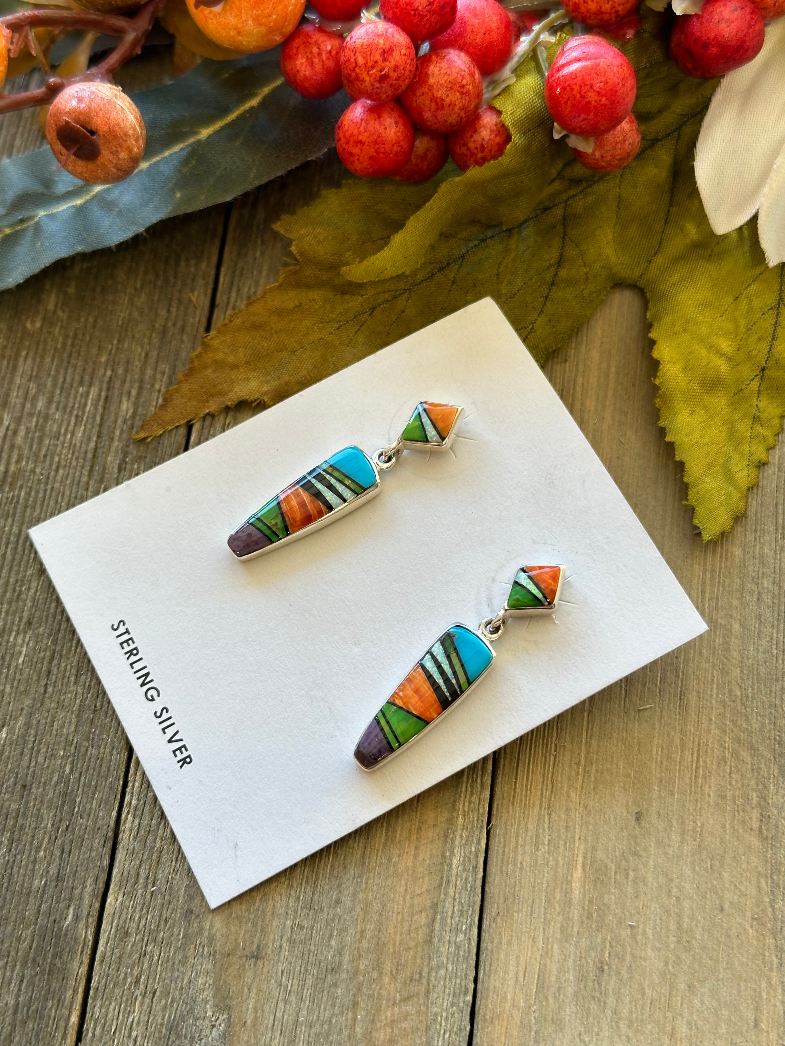 Julius Burbank Multi Stone & Sterling Silver Post Inlay Earrings