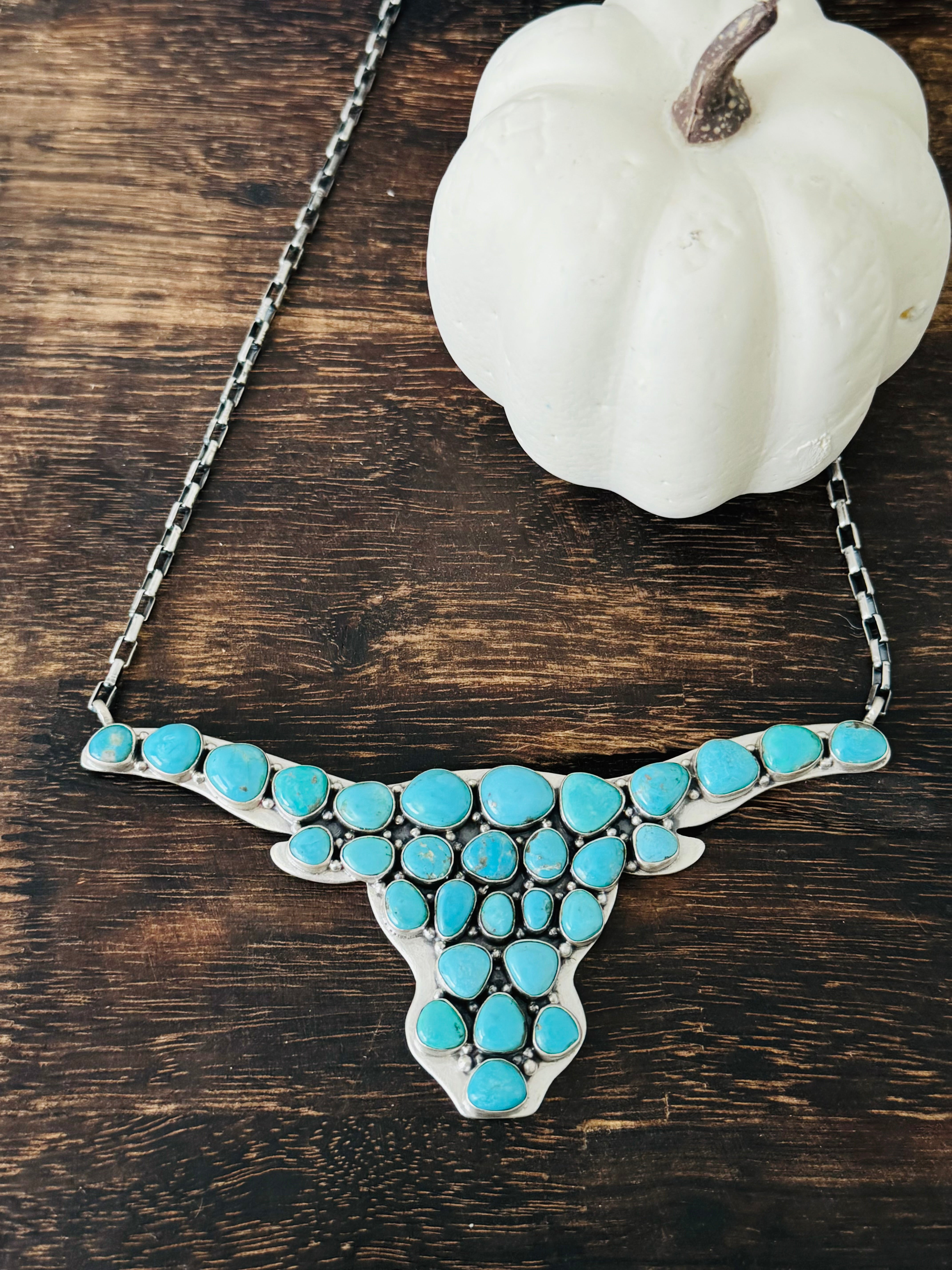 Navajo Made Kingman Turquoise & Sterling Silver Cluster Bull Necklace