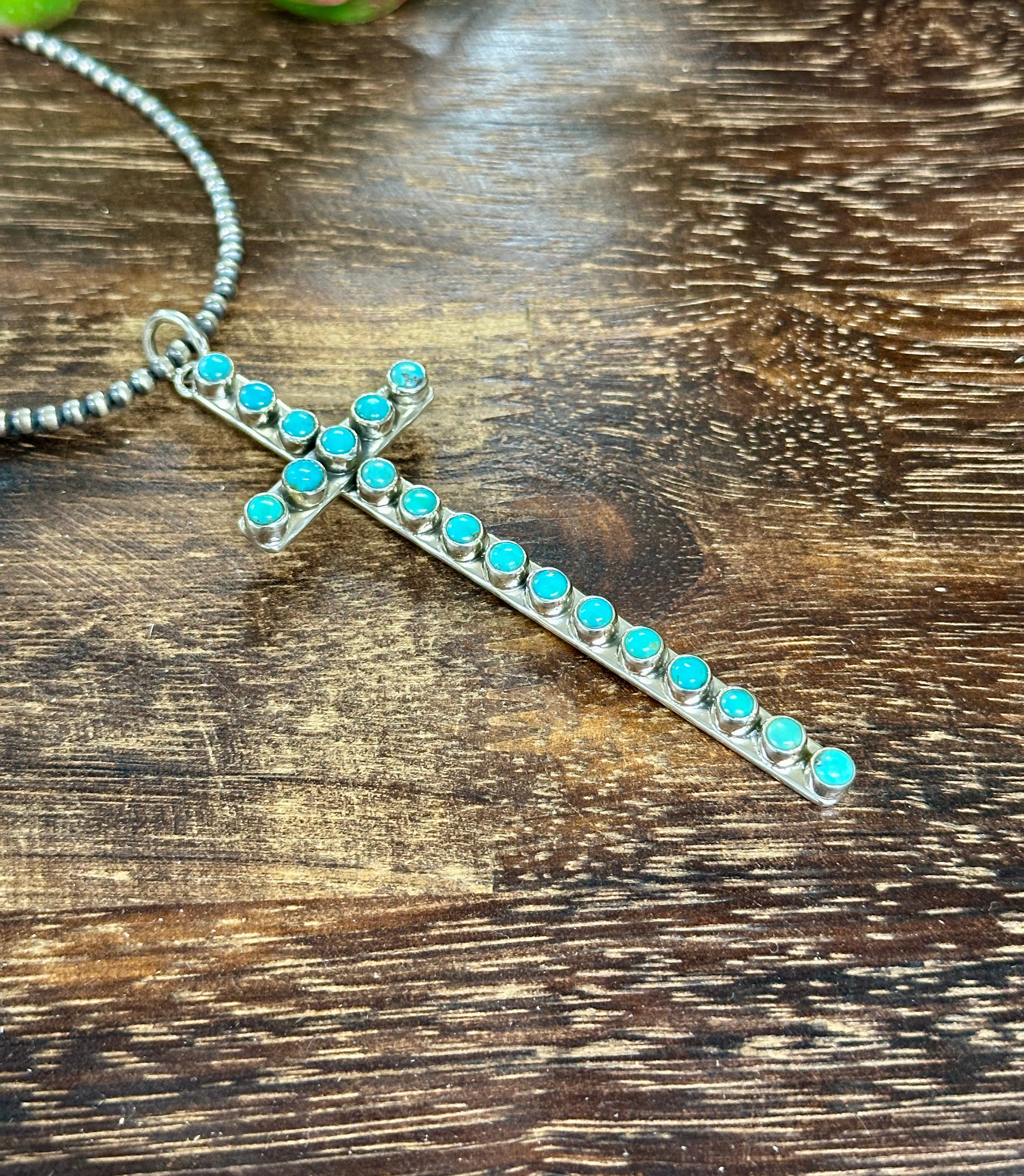 Southwest Handmade Kingman Turquoise & Sterling Silver Cross Pendant