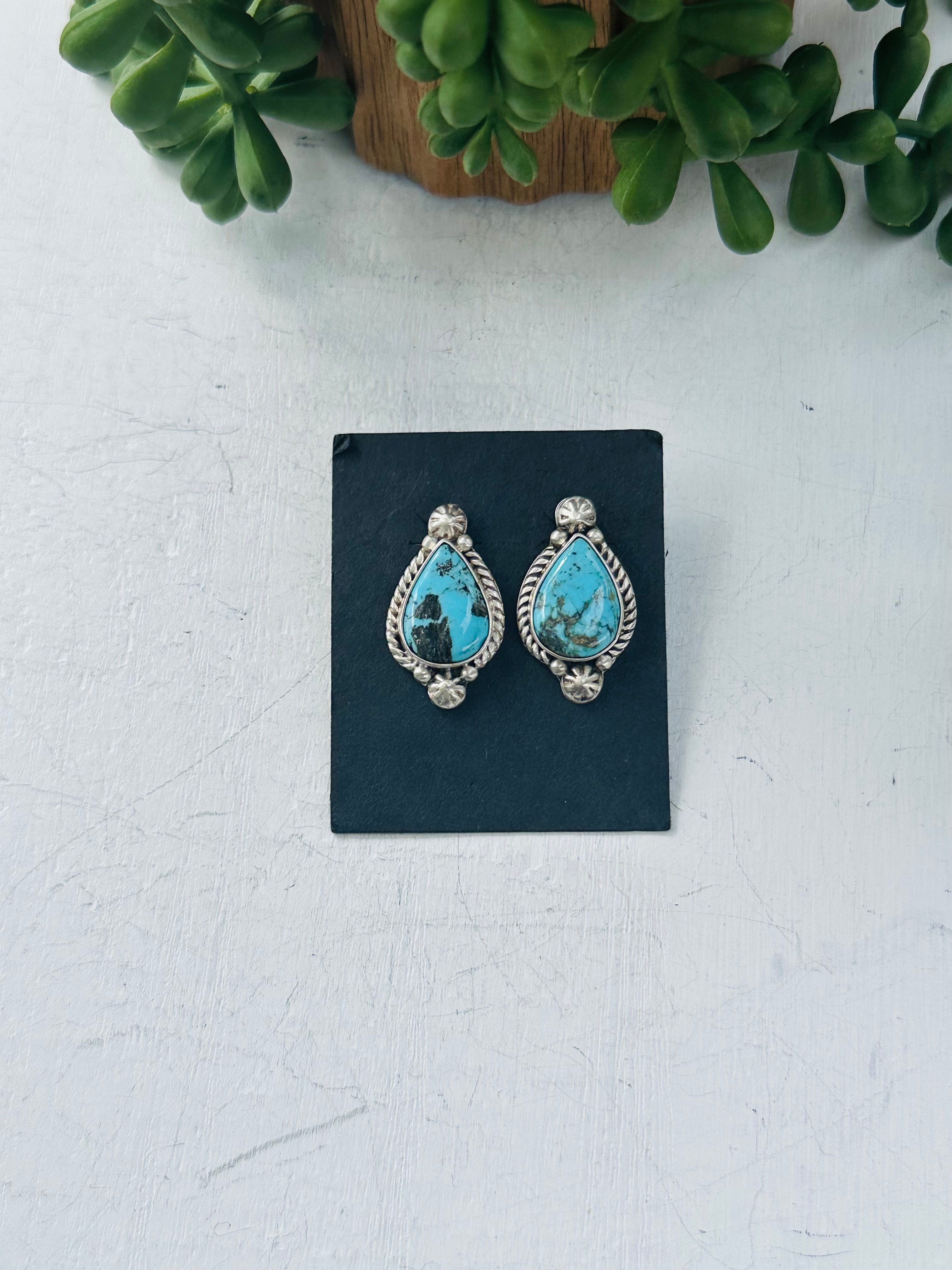 Navajo Made Kingman Turquoise & Sterling Silver Post Earrings