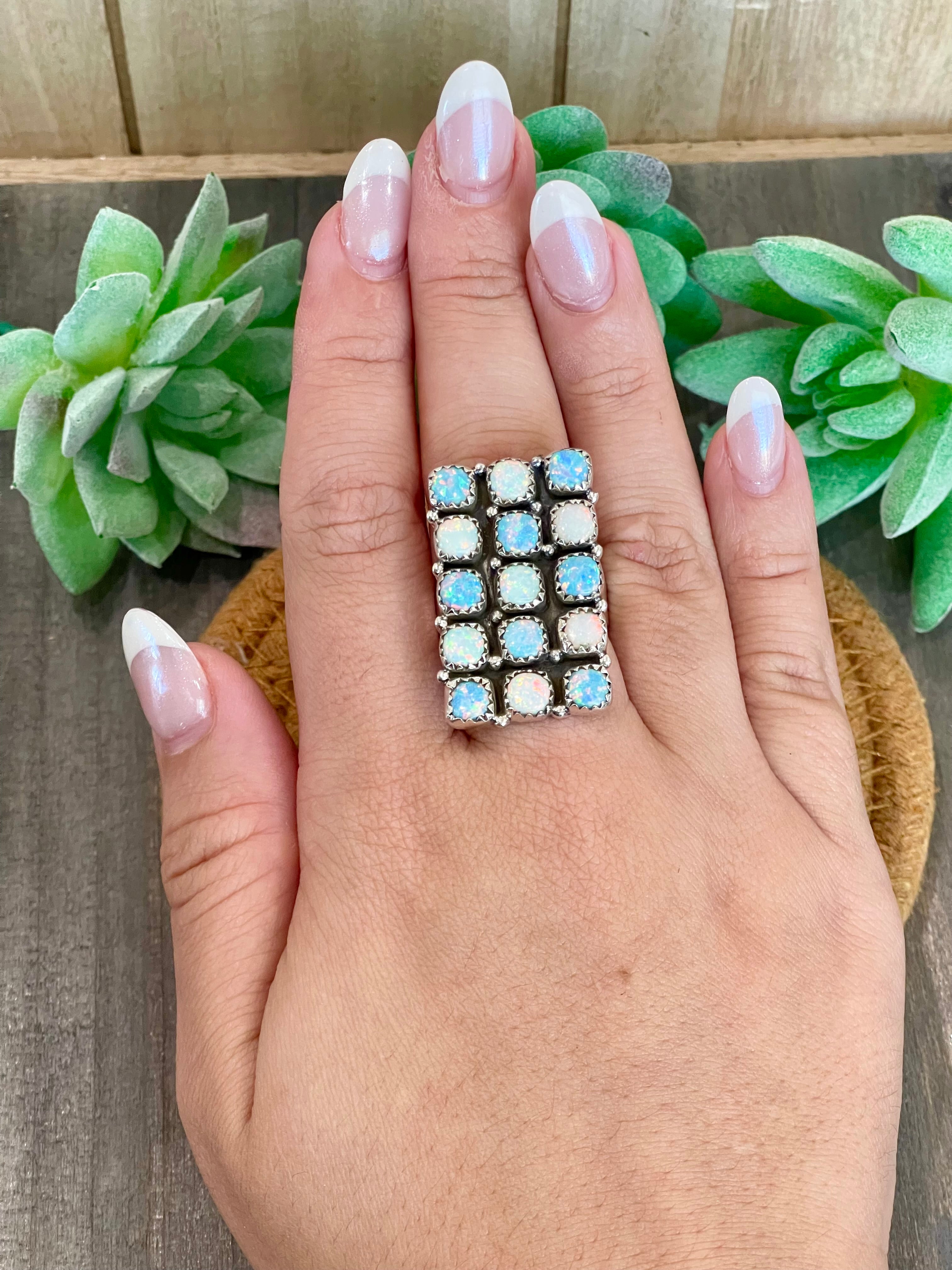 Southwest Handmade Blue Opal & Sterling Silver Adjustable Cluster Ring