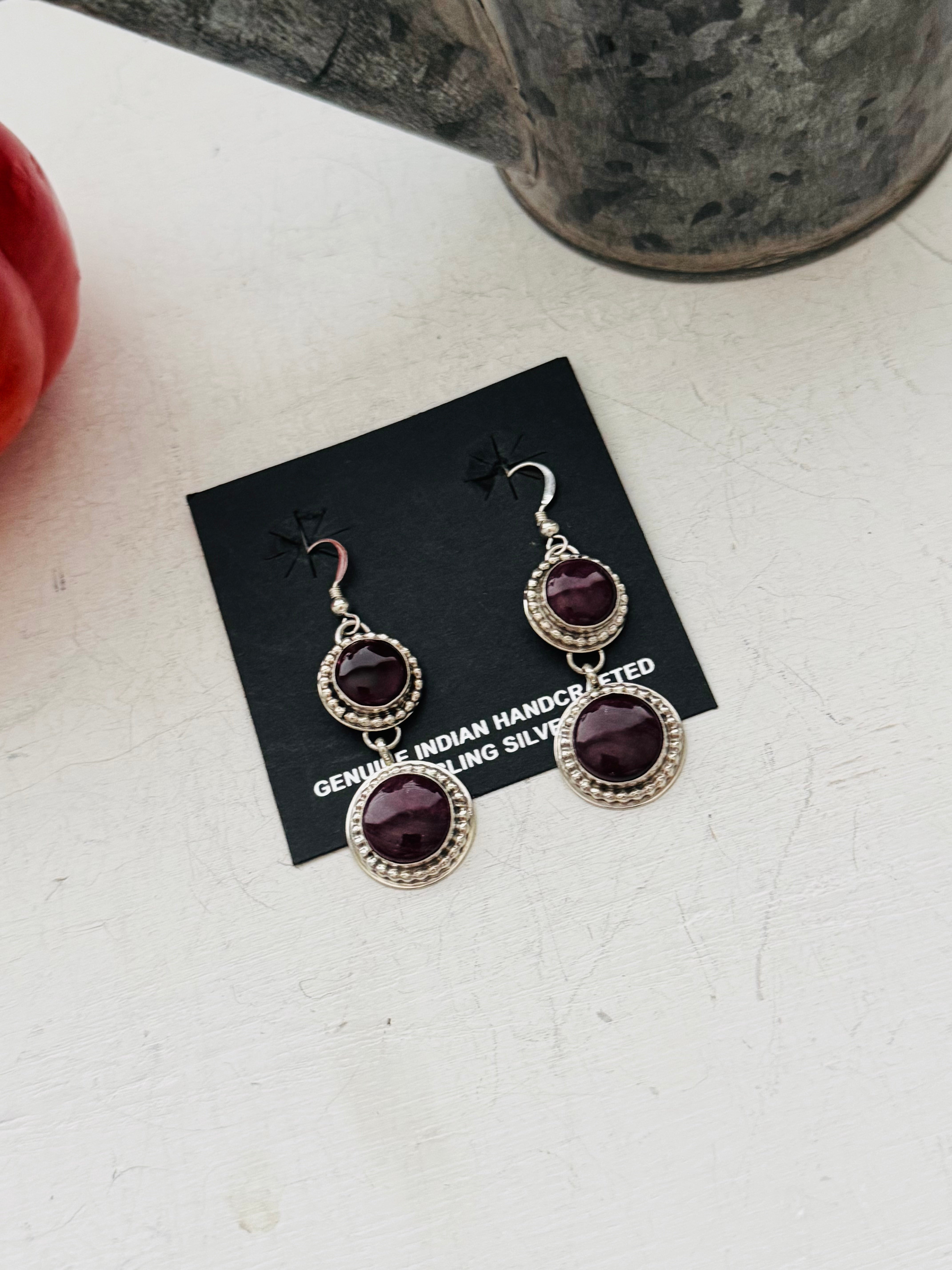 Navajo Made Purple Spiny Oyster & Sterling Silver Dangle Earrings