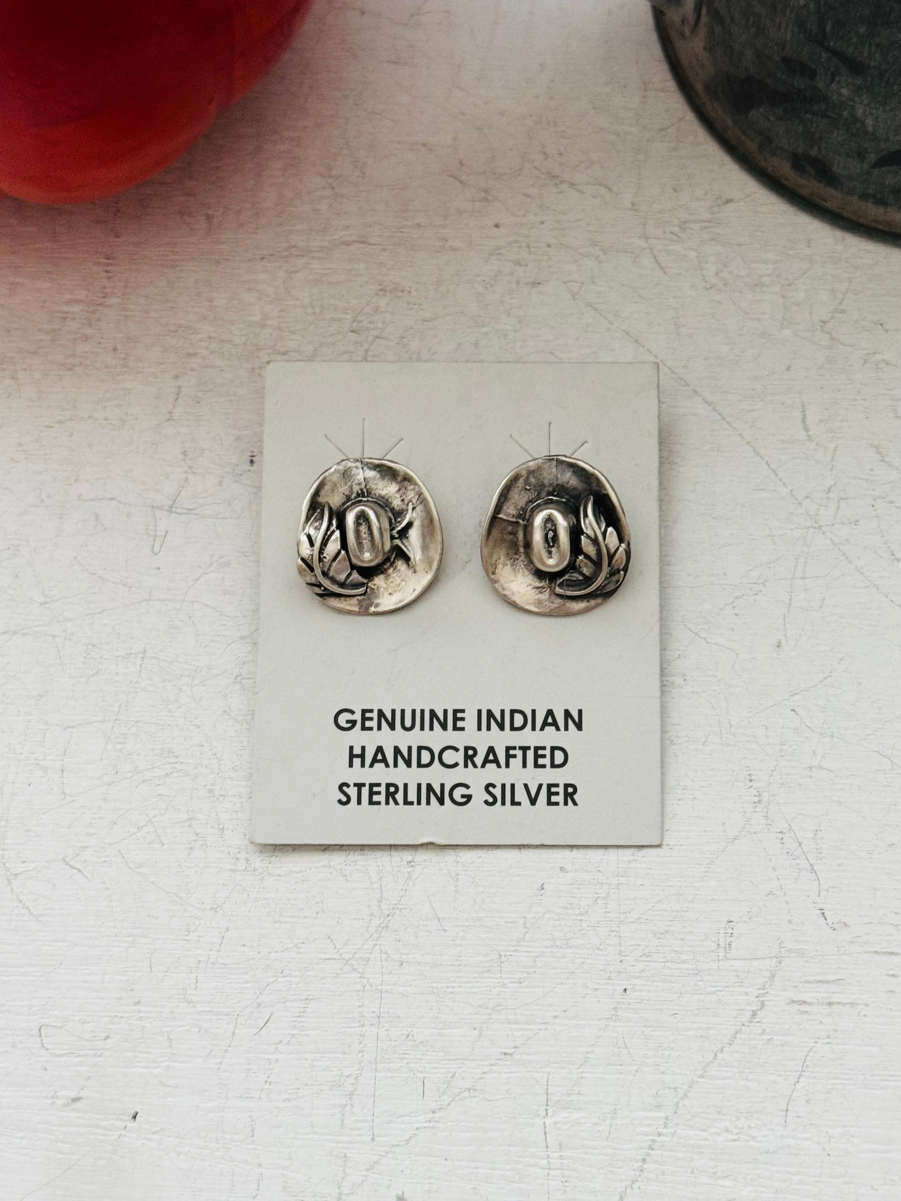 Navajo Handmade Sterling Silver Post Cowboy Hat Earrings