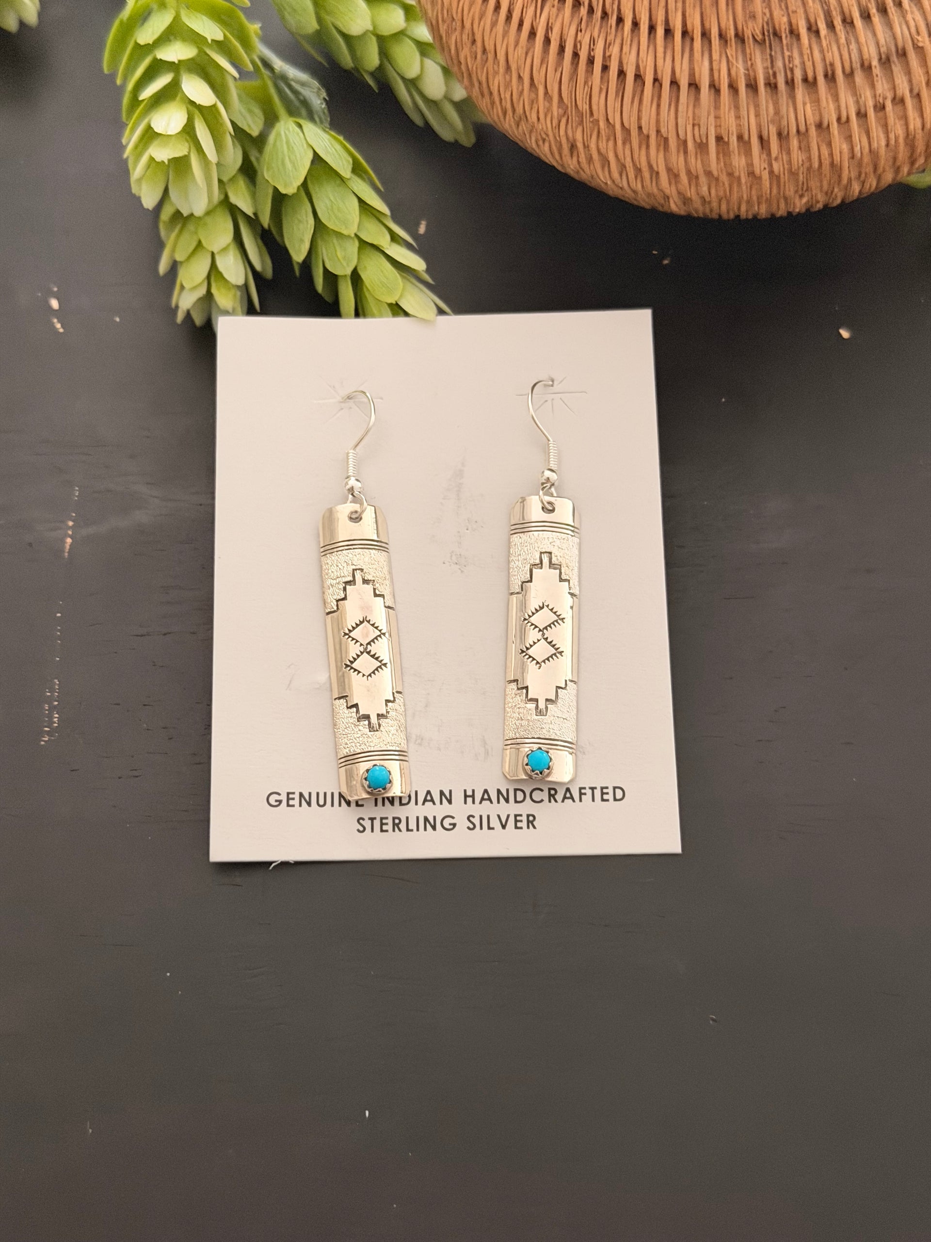 Navajo Made Kingman Turquoise Sterling Silver Dangle Earrings