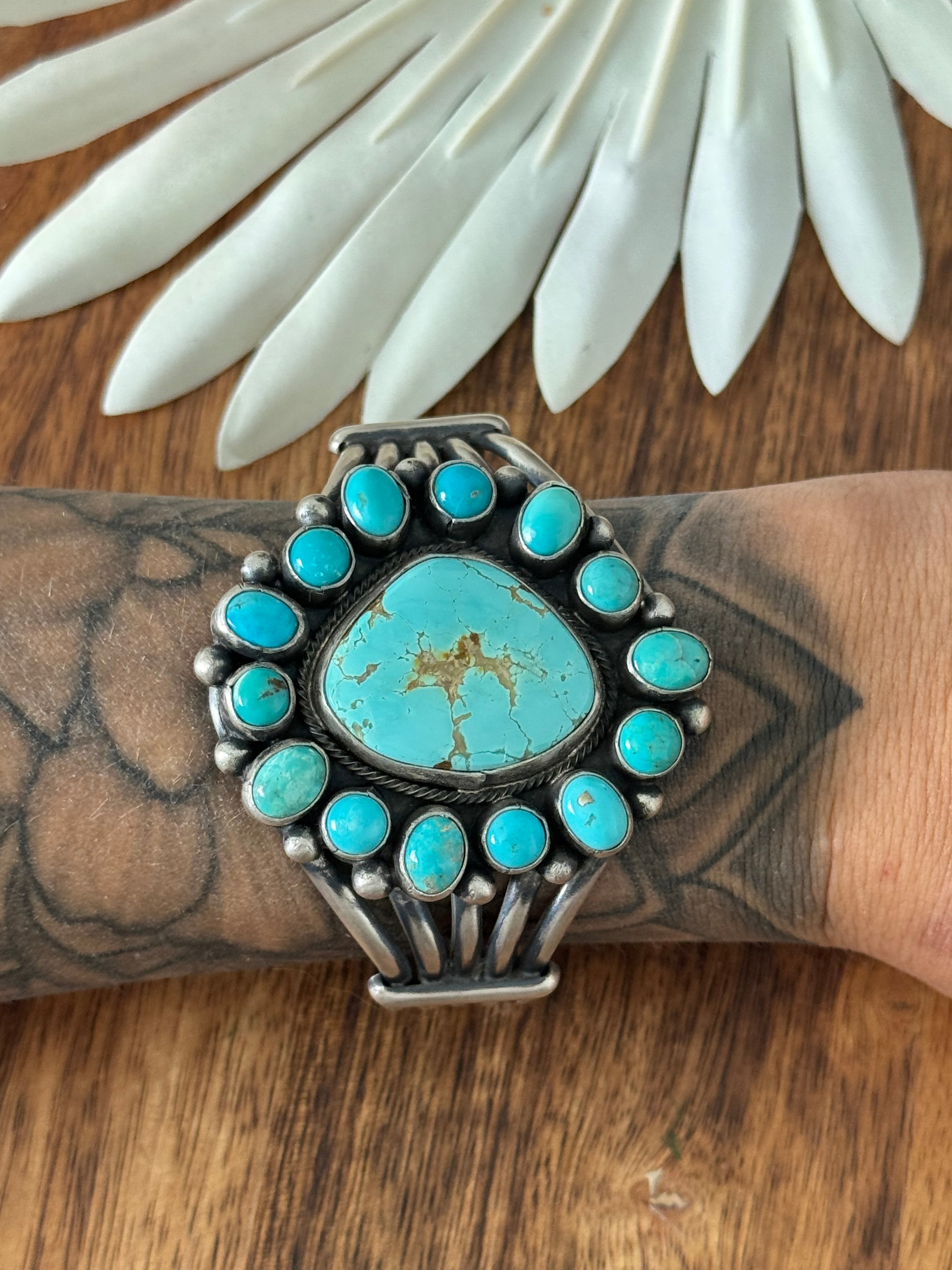 Bobby Johnson Kingman Turquoise & Sterling Silver Cluster Cuff Bracelet