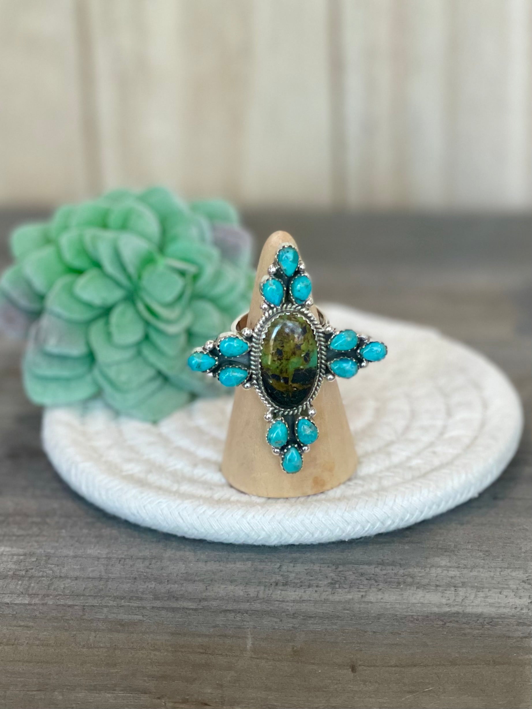 Southwest Handmade BlackJack Turquoise And Kingman Turquoise & Sterling Silver Adjustable Ring