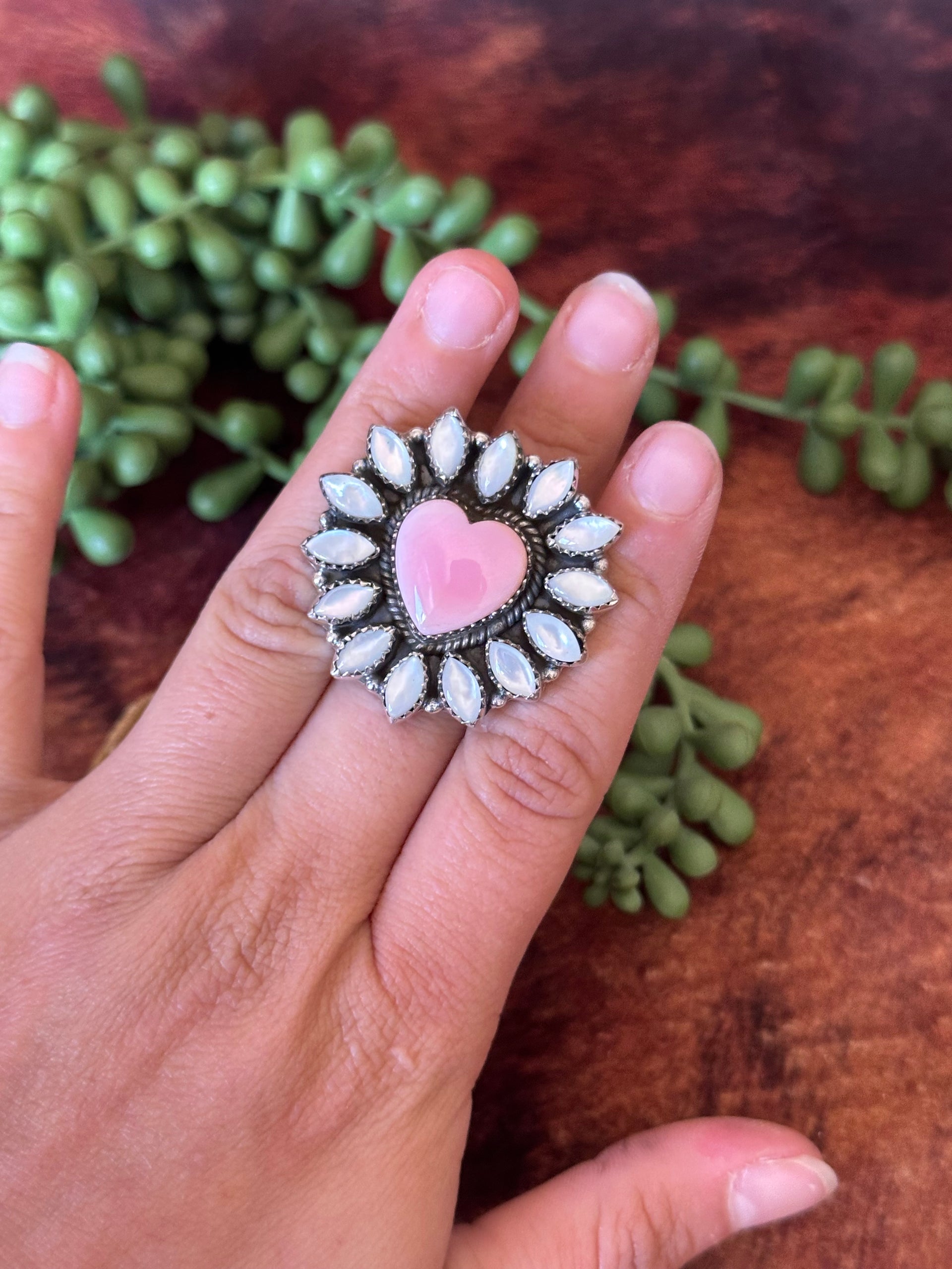 Southwest Handmade Multi Stone & Sterling Silver Adjustable Cluster Heart Ring