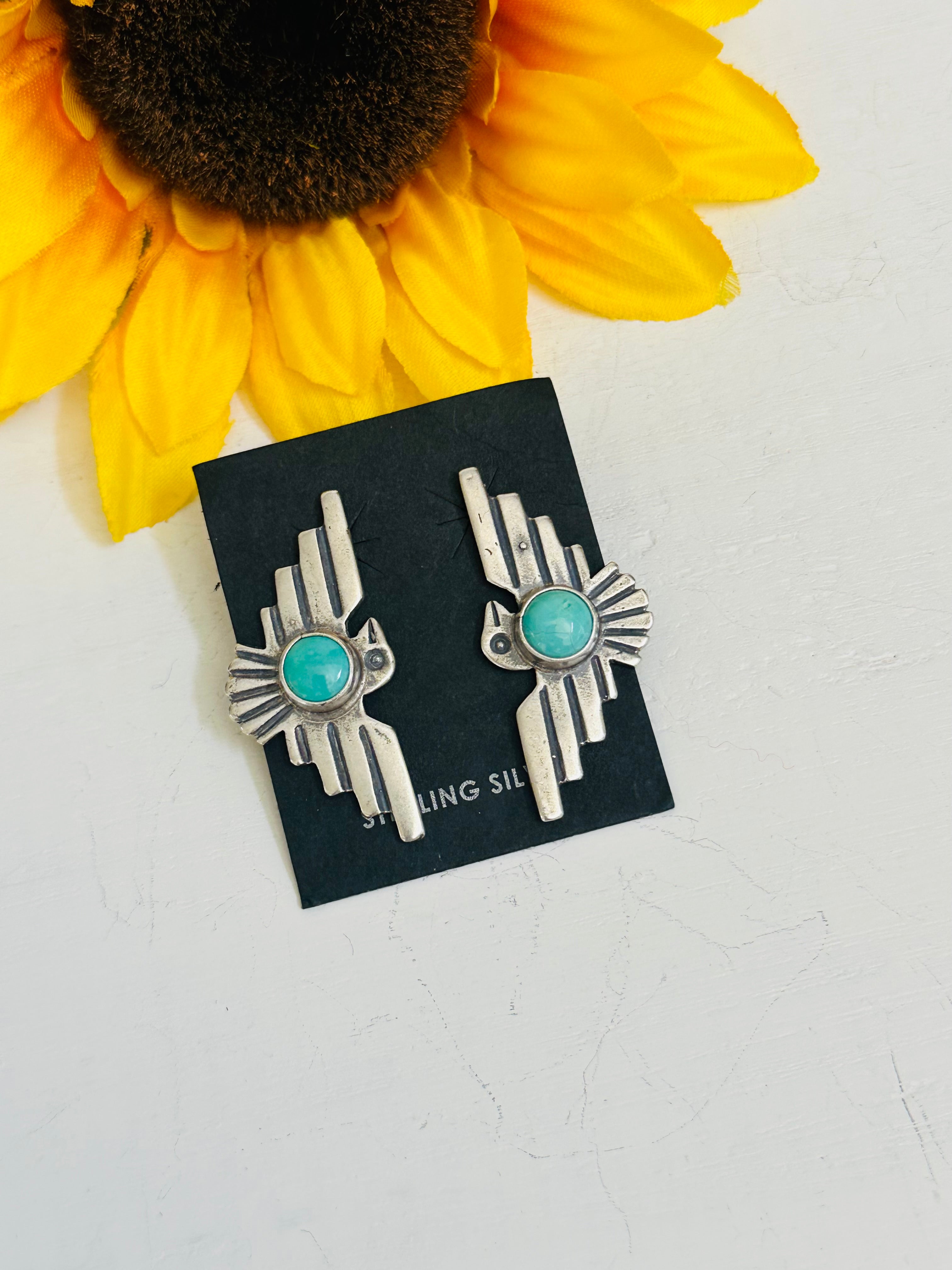 Navajo Handmade Kingman Turquoise & Sterling Silver Post Thunderbird Earrings