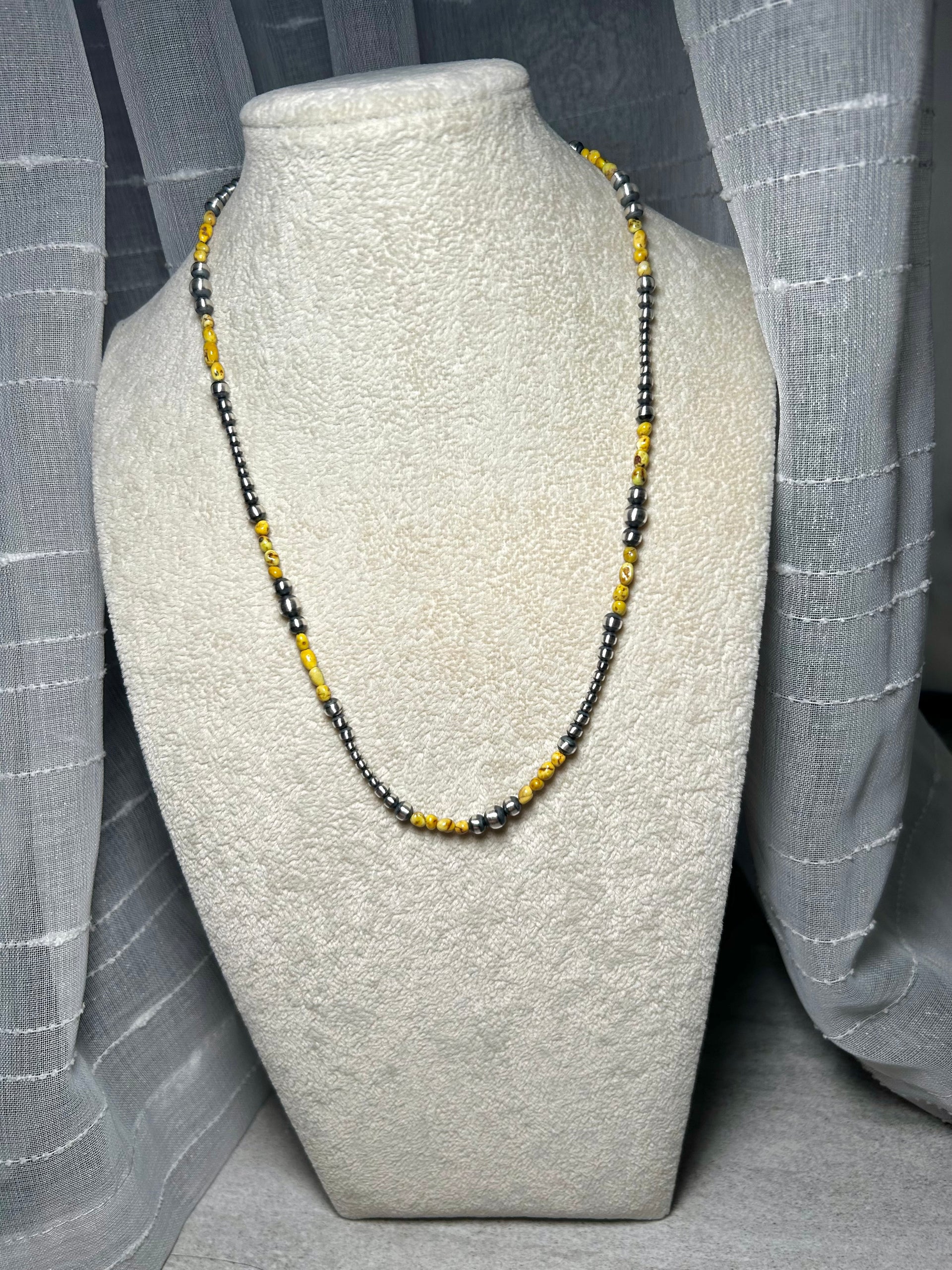 Navajo Strung Palomino Variscite & Sterling Silver Necklace